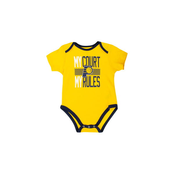 Infant Indiana Pacers Trifecta 3-Piece Onesie Set in Gold - Front View