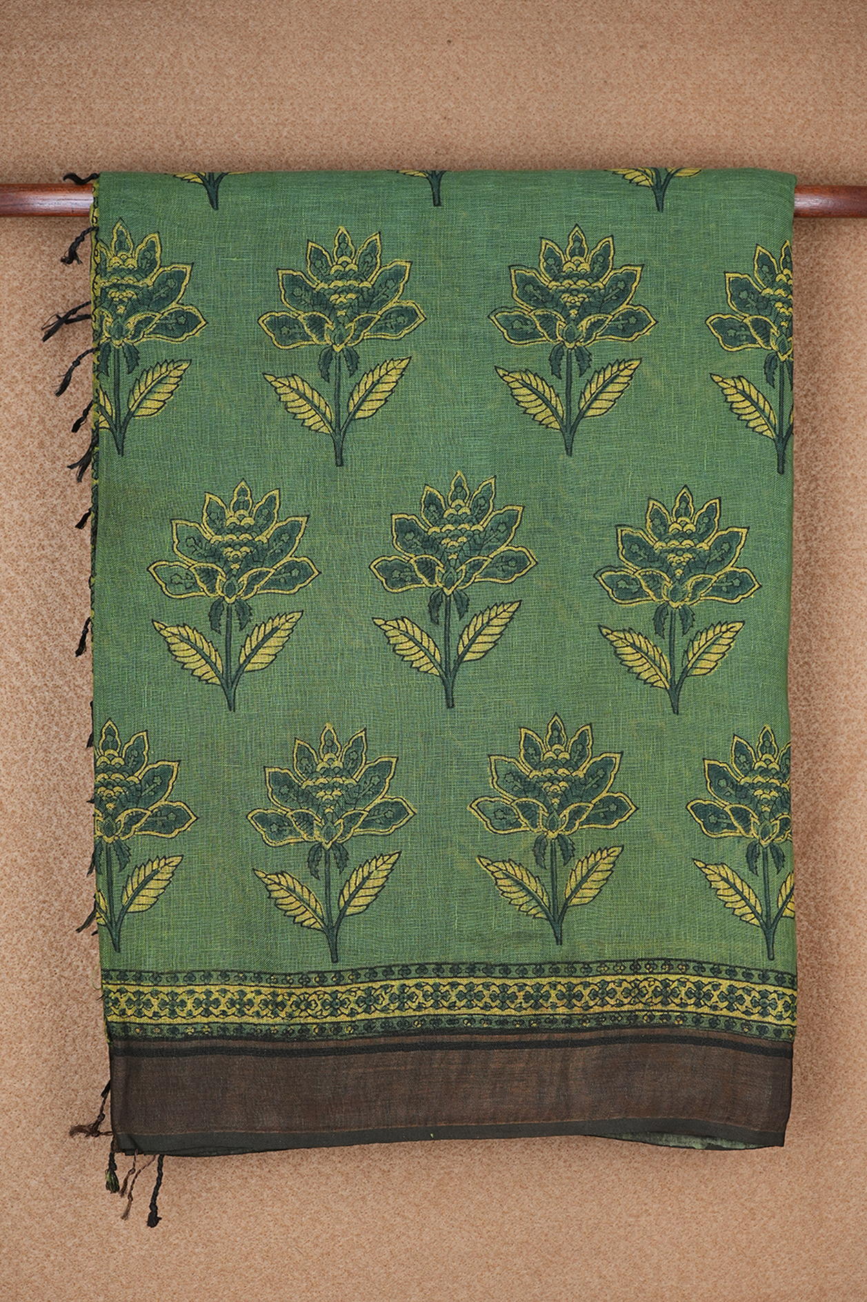  Floral Design Fern Green Ajrakh Printed Linen Saree 