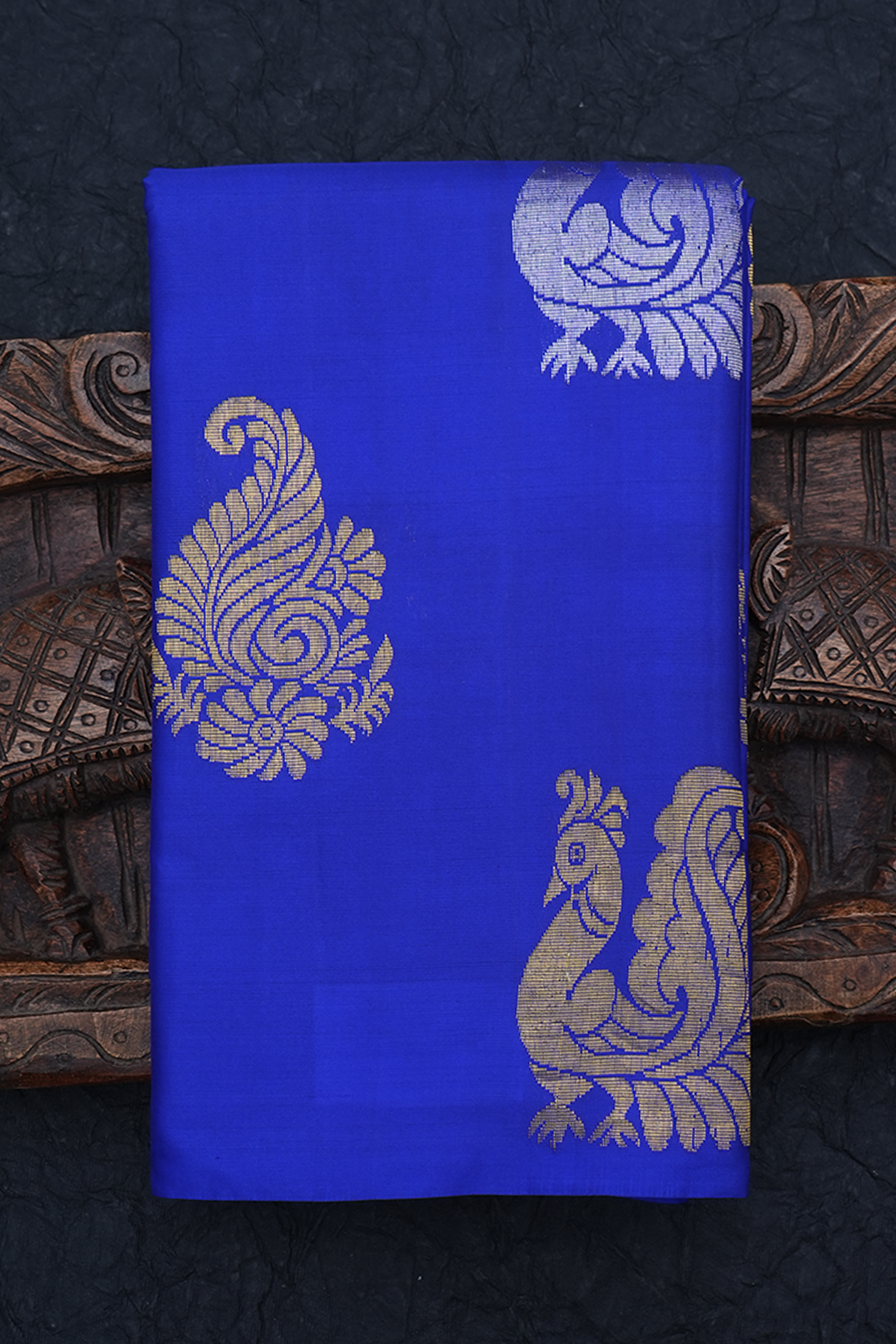  Floral Peacock Motifs Royal Blue Kanchipuram Silk Saree 