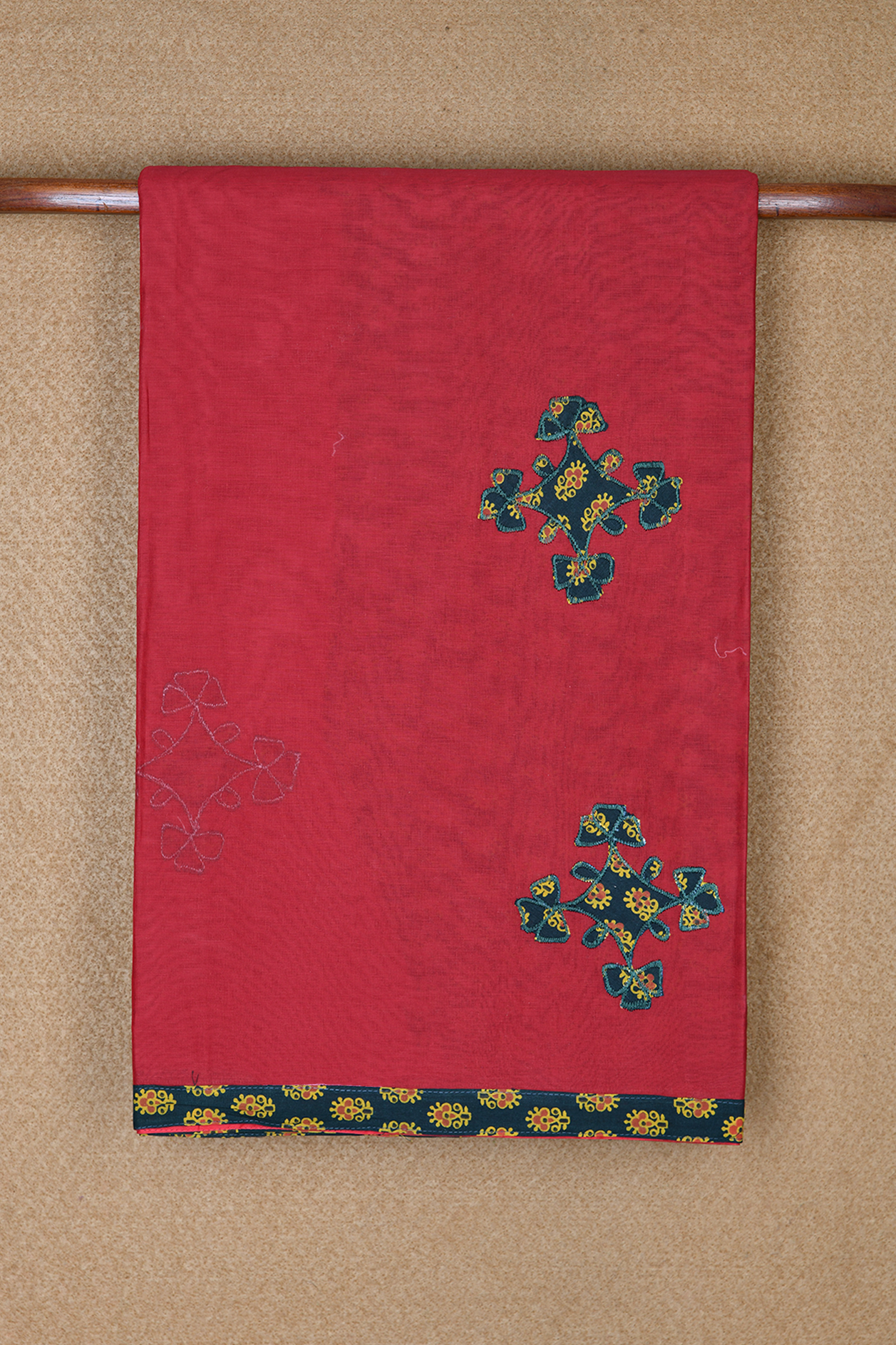  Embroidered Patch Work Ruby Red Ahmedabad Cotton Saree 