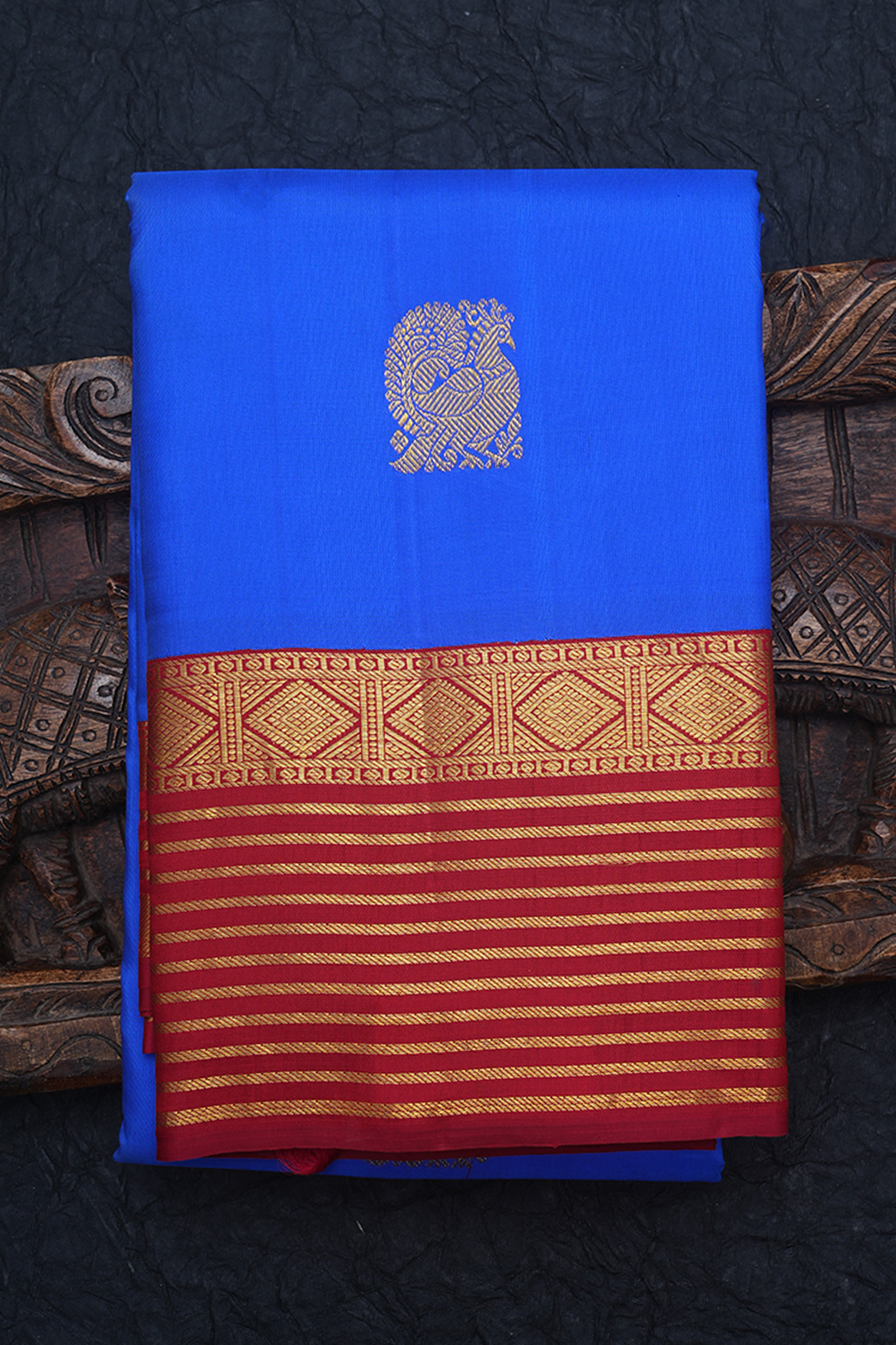  Peacock Buttas Indigo Blue Kanchipuram Silk Saree 