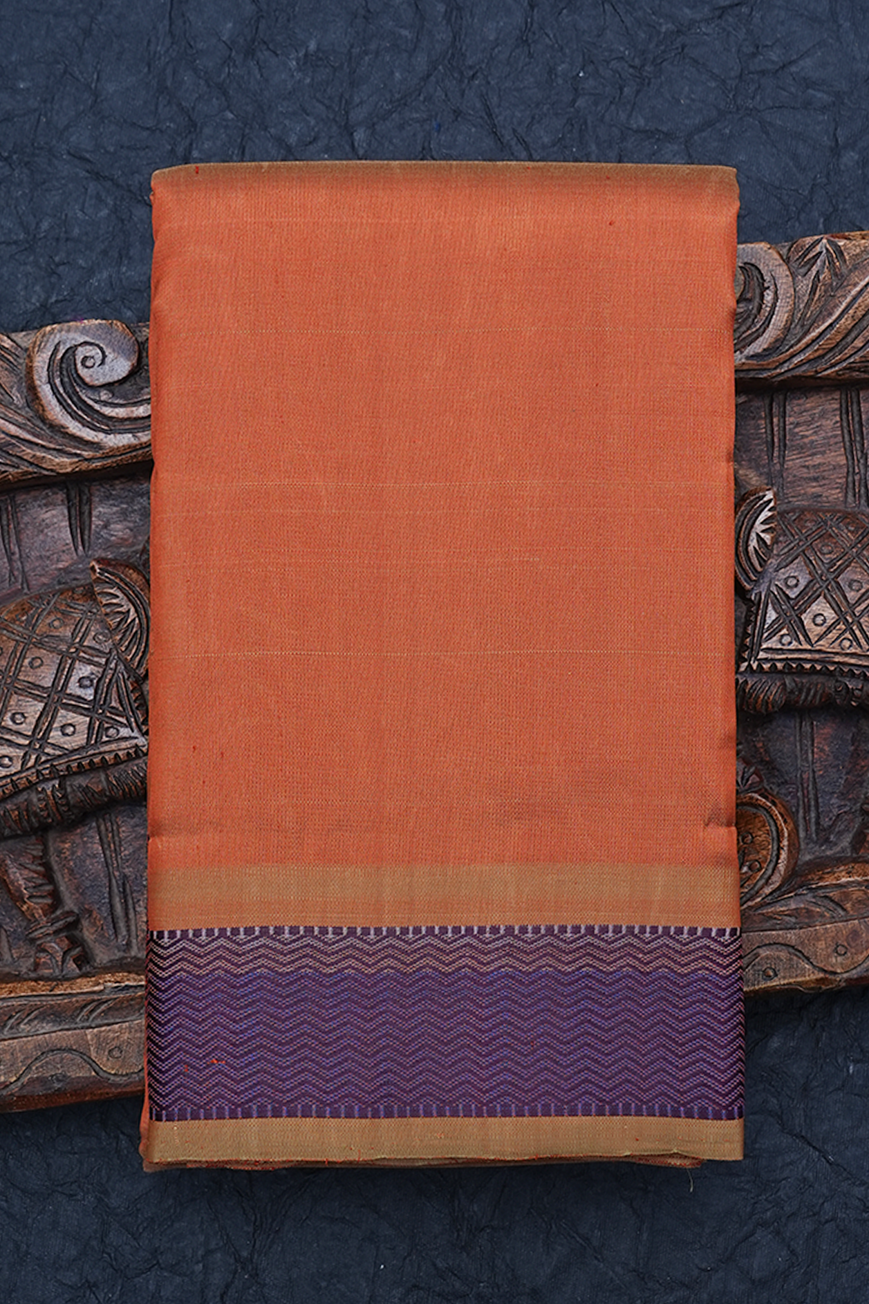  Chevron Border Plain Brick Brown Kanchipuram Silk Saree 