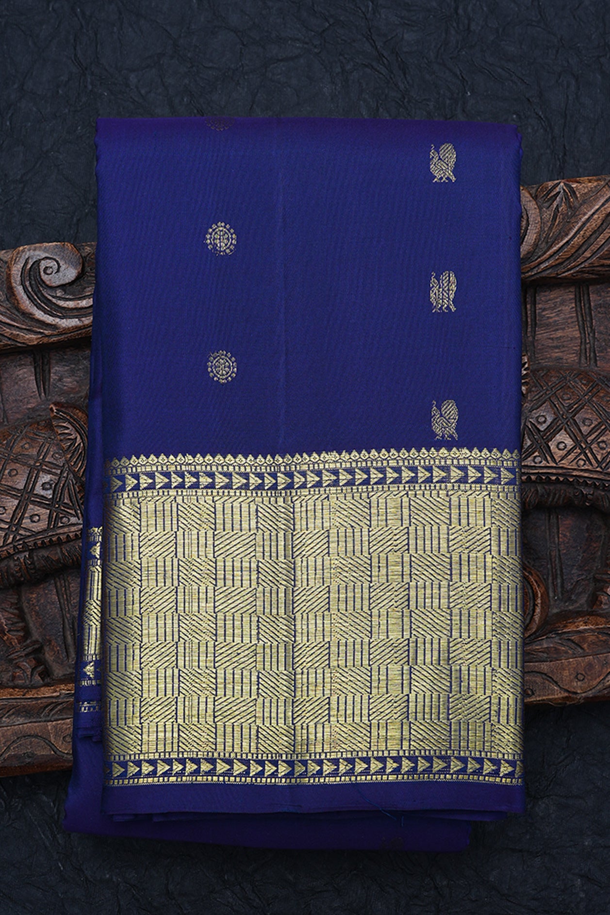  Floral Peacock Buttas Navy Blue Kanchipuram Silk Saree 