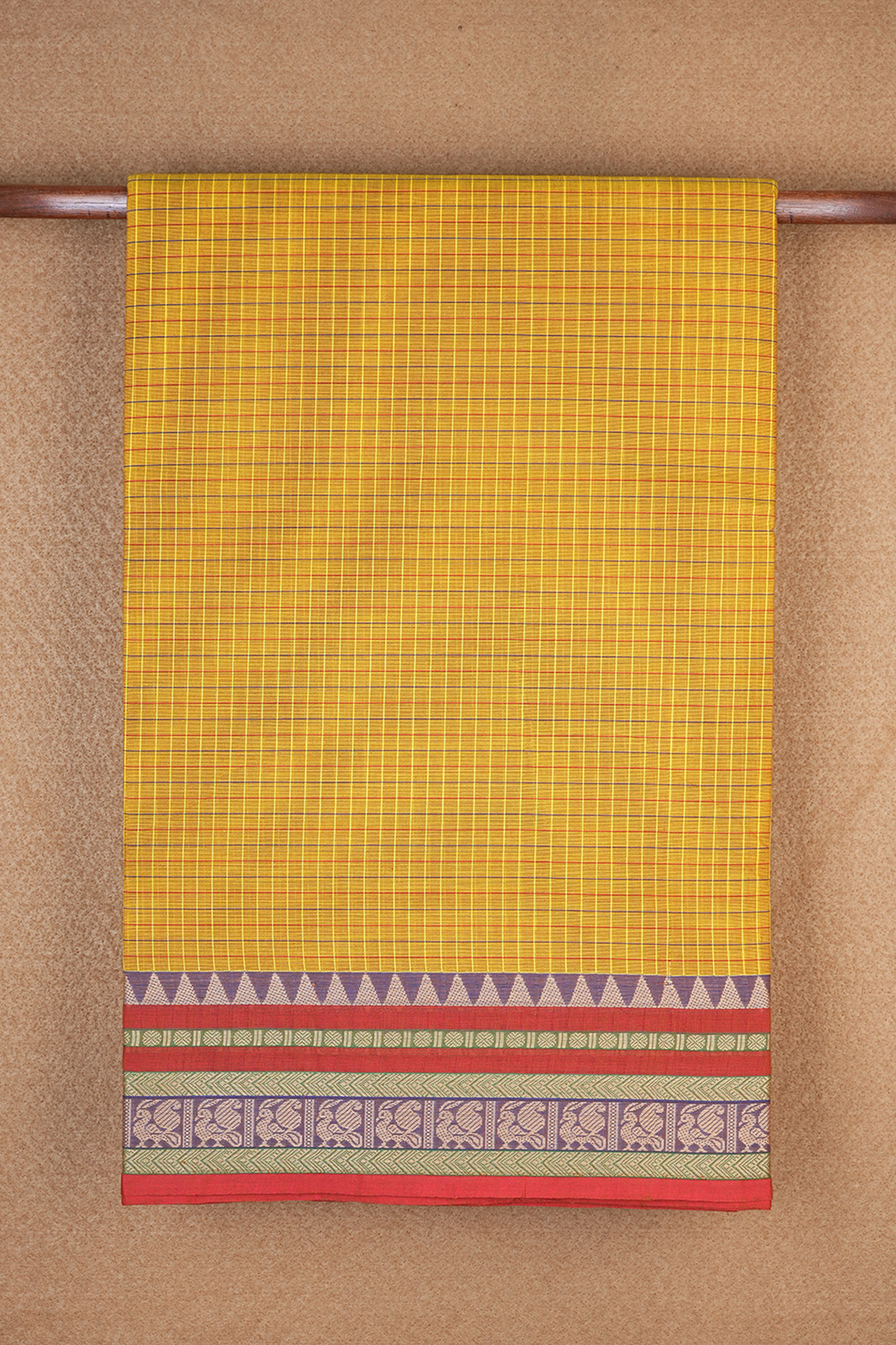  Allover Checks Design Golden Yellow Nine Yards Cotton Saree 