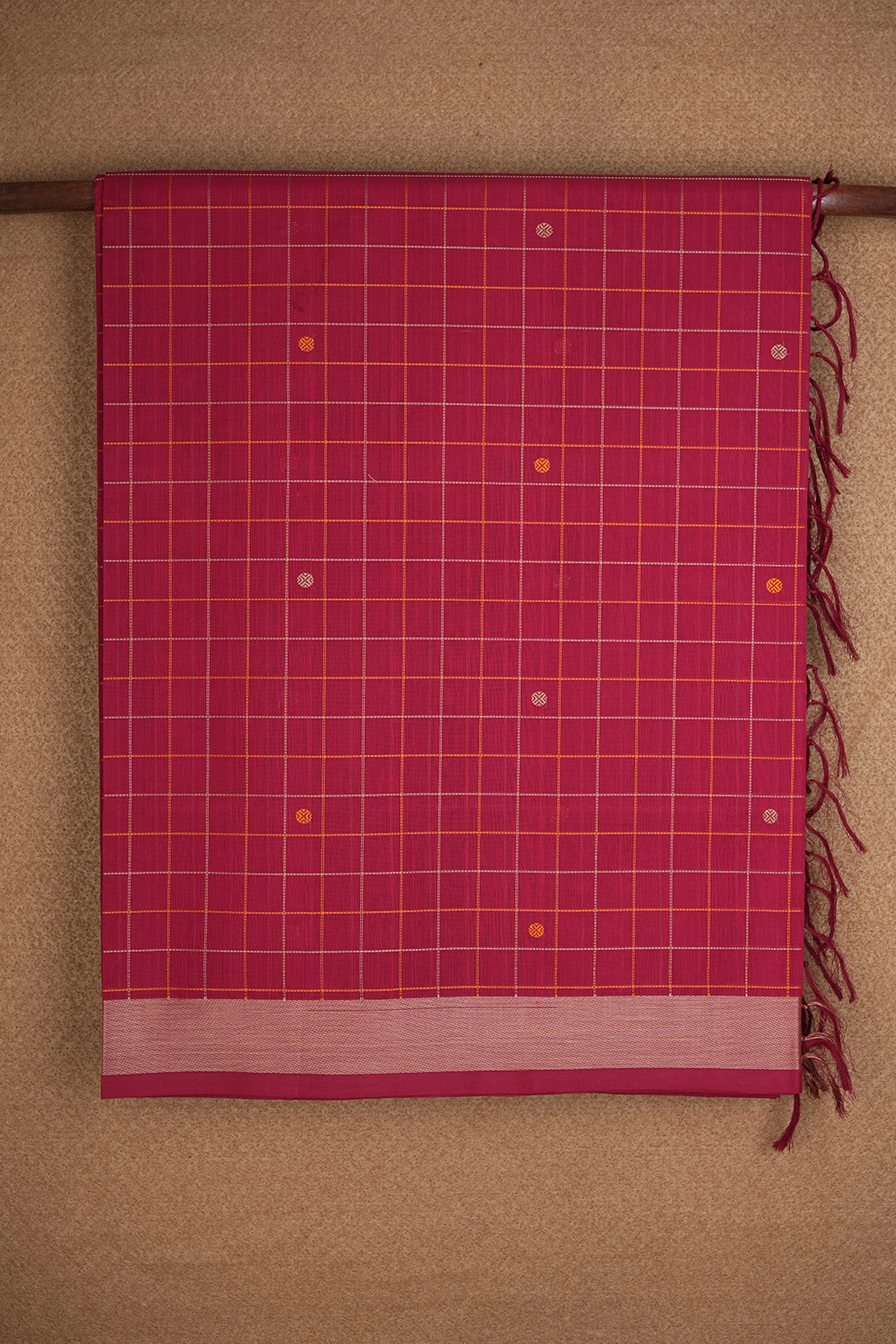  Checks With Buttas Rust Red Coimbatore Cotton Saree 