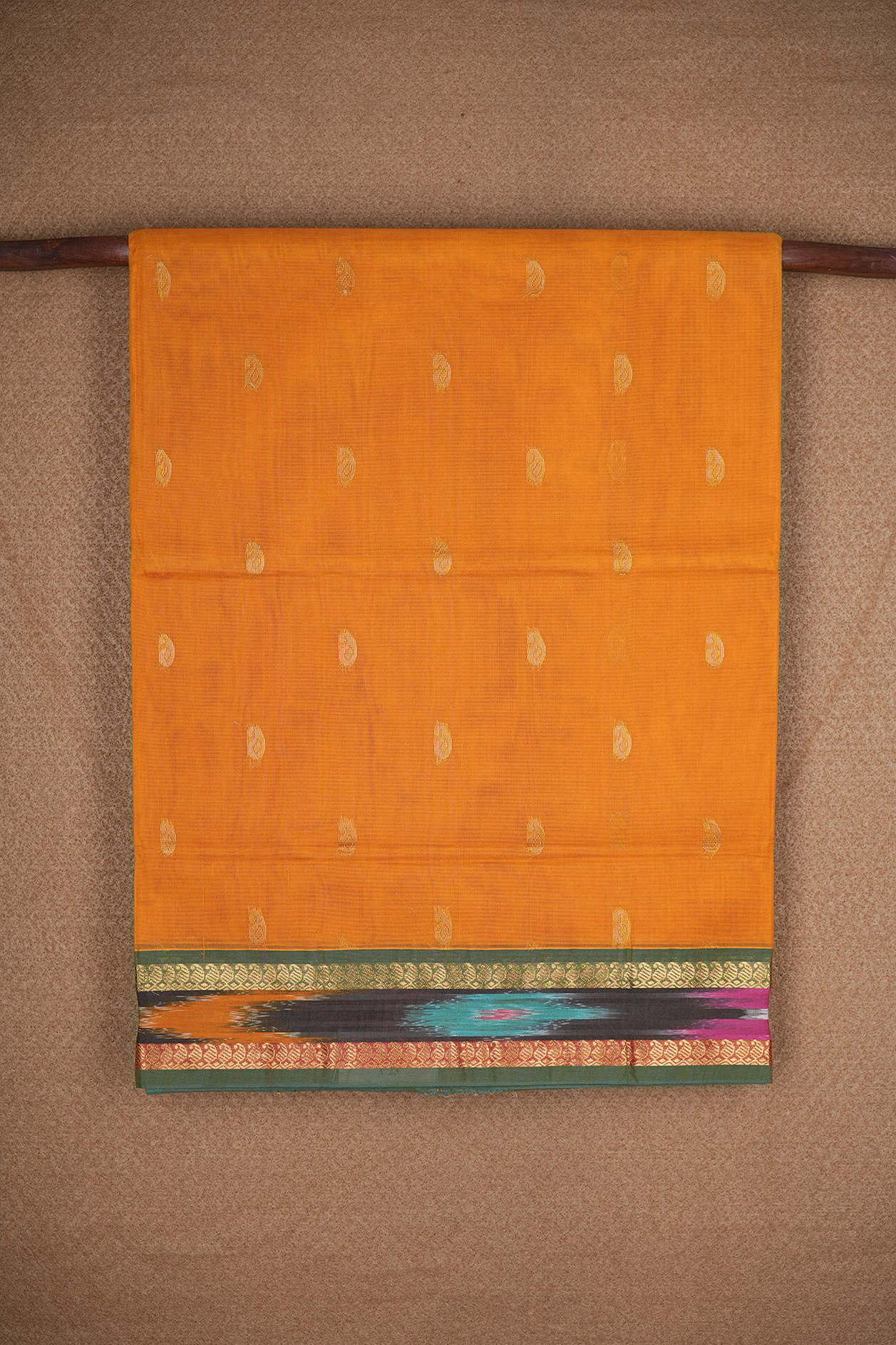  Paisley Zari Motifs Ochre Orange Venkatagiri Cotton Saree 