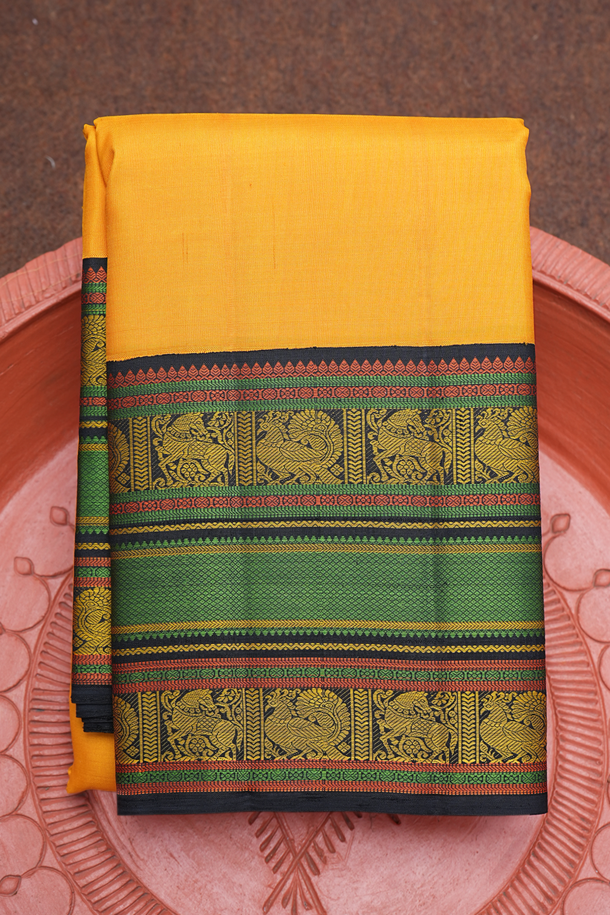  Traditional Border Plain Honey Yellow Kanchipuram Silk Saree 