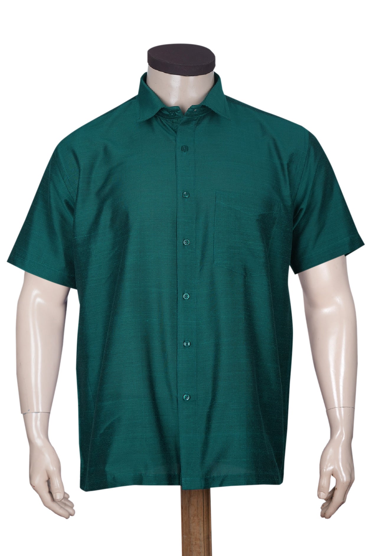  Regular Collar Solid Pine Green Raw Silk Shirt 