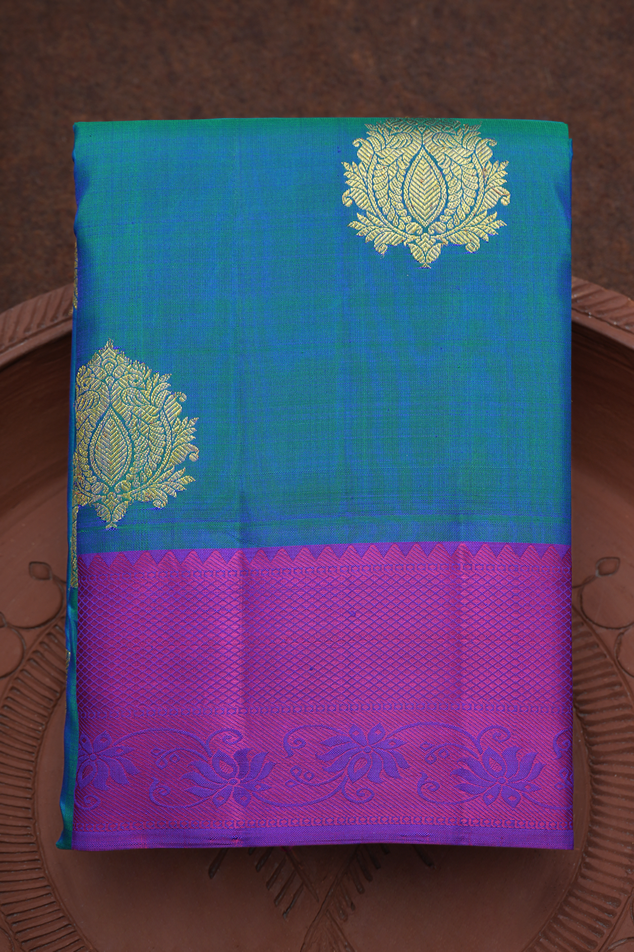  Floral Zari Motifs Teal Blue Kanchipuram Silk Saree 