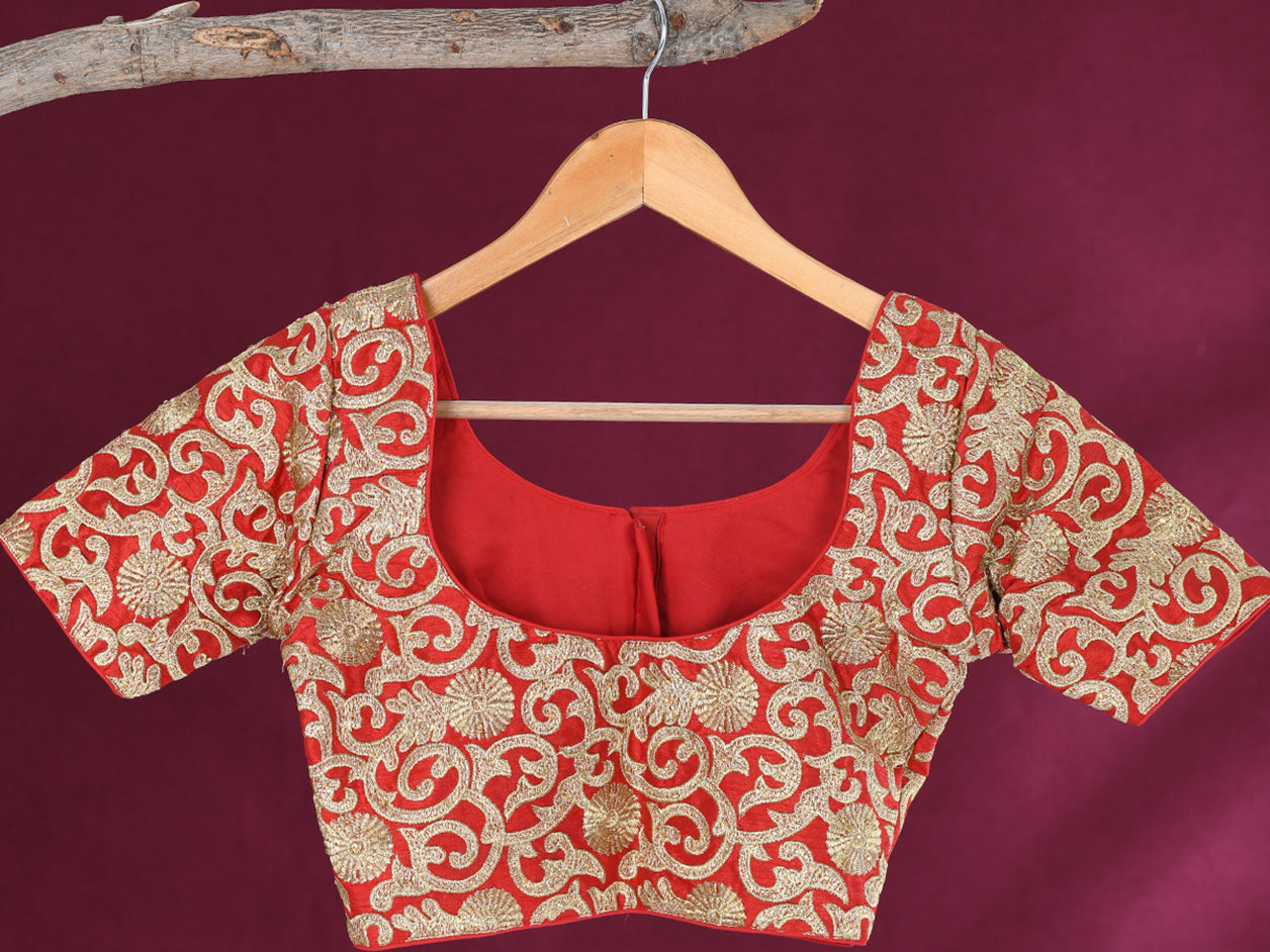  U-Neck With Badla Work Red Semi Raw Silk Readymade Blouse 