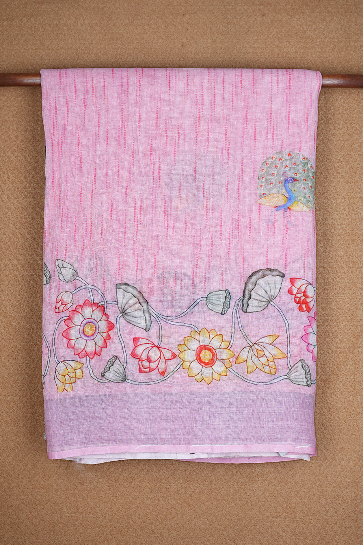  Floral And Peacock Printed Pastel Pink Linen Saree 