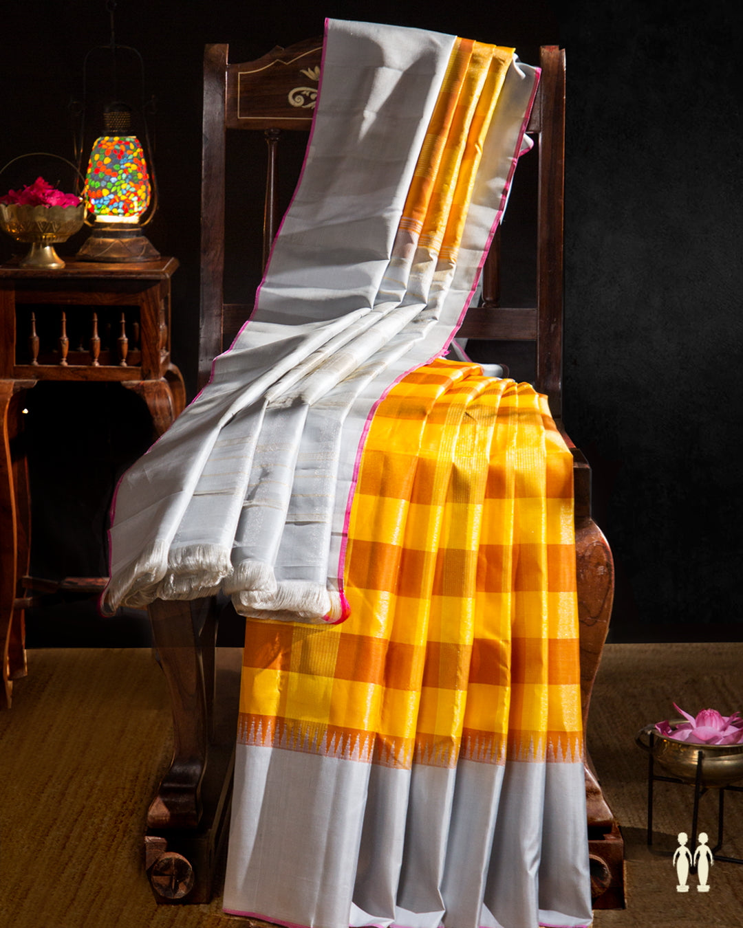  Silver Zari Checked Tone On Tone Yellow Kanchipuram Silk Saree 