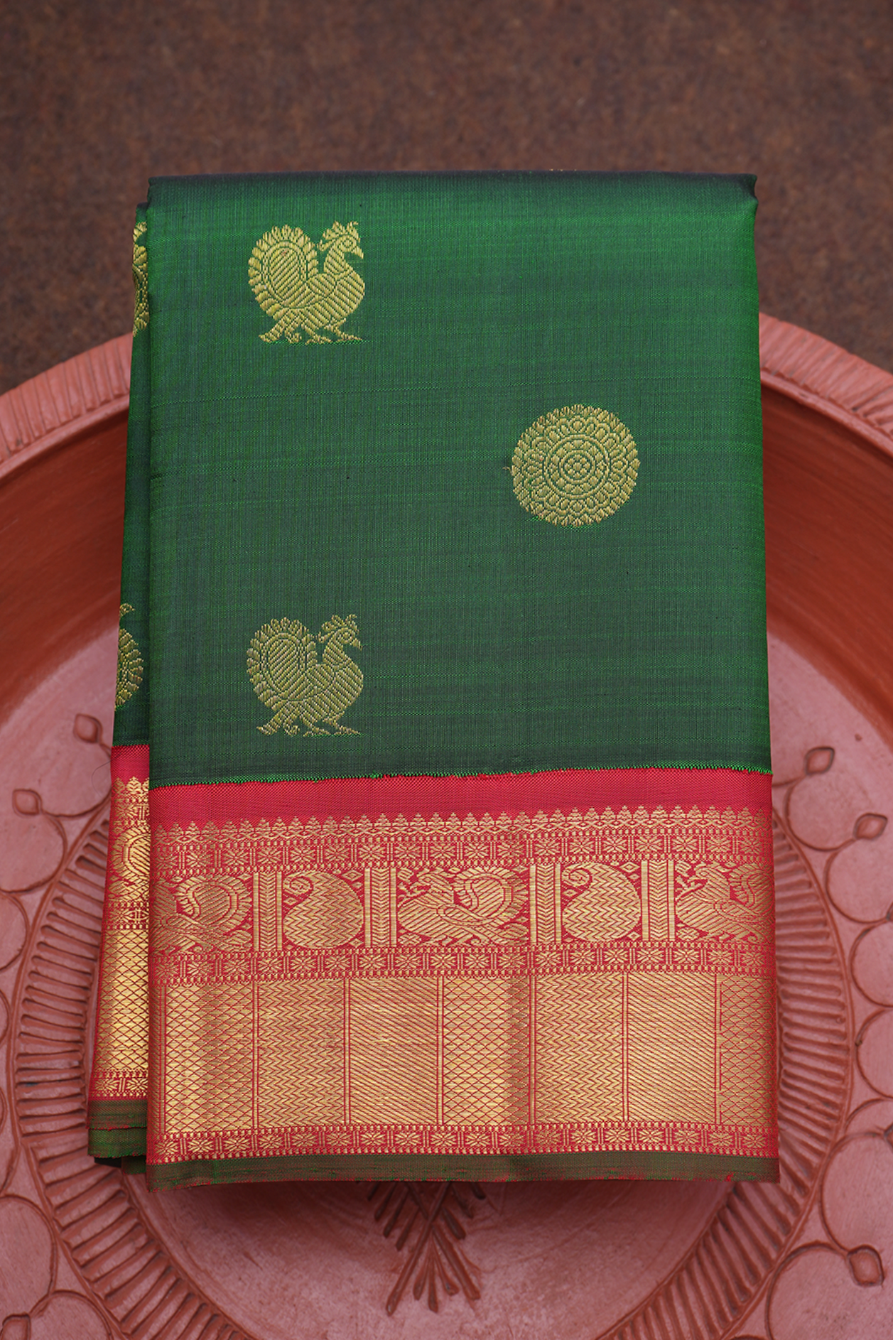  Peacock Paisley Motifs Emerald Green Kanchipuram Silk Saree 