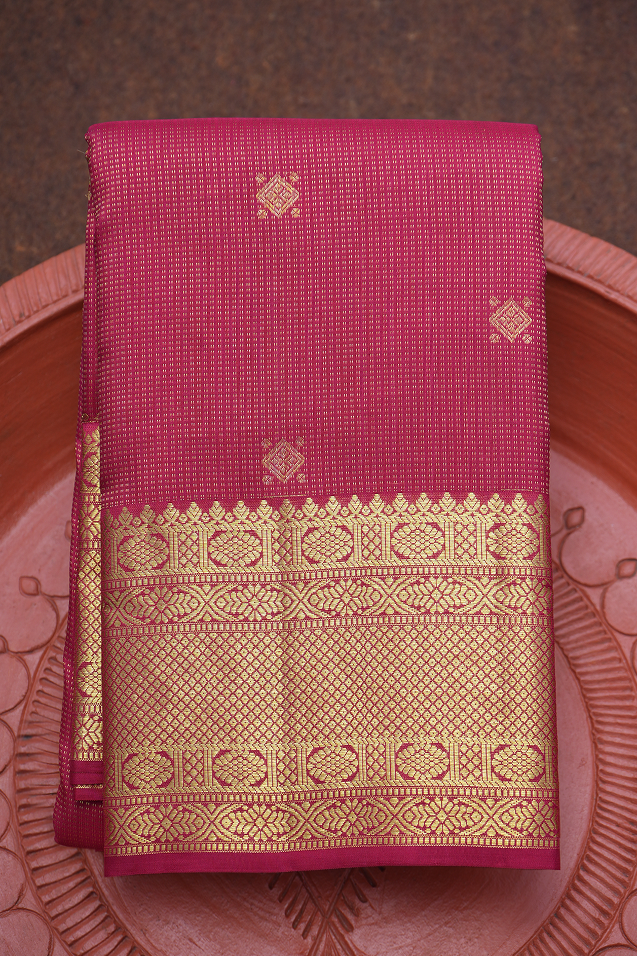  Stripes With Buttas Hibiscus Red Kanchipuram Silk Saree 