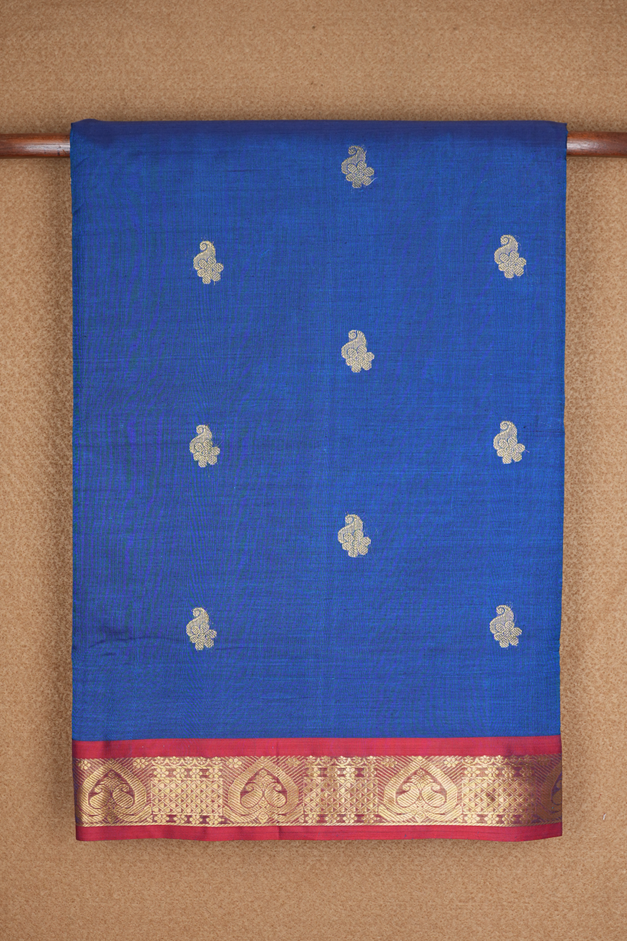  Zari Buttas Prussian Blue Nine Yards Silk Cotton Saree 