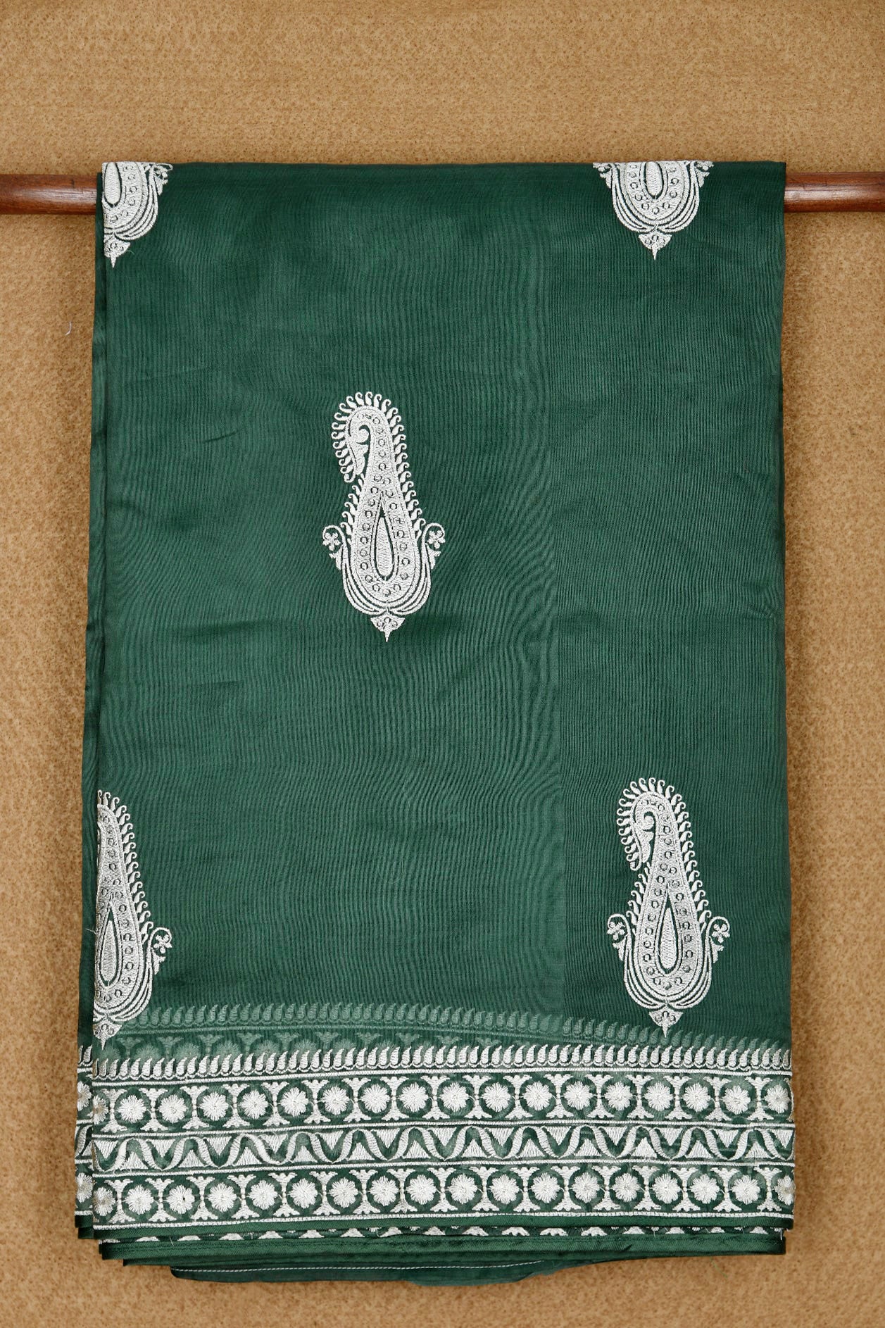  Embroidered Border Paisley Buttas Emerald Green Organza Saree 