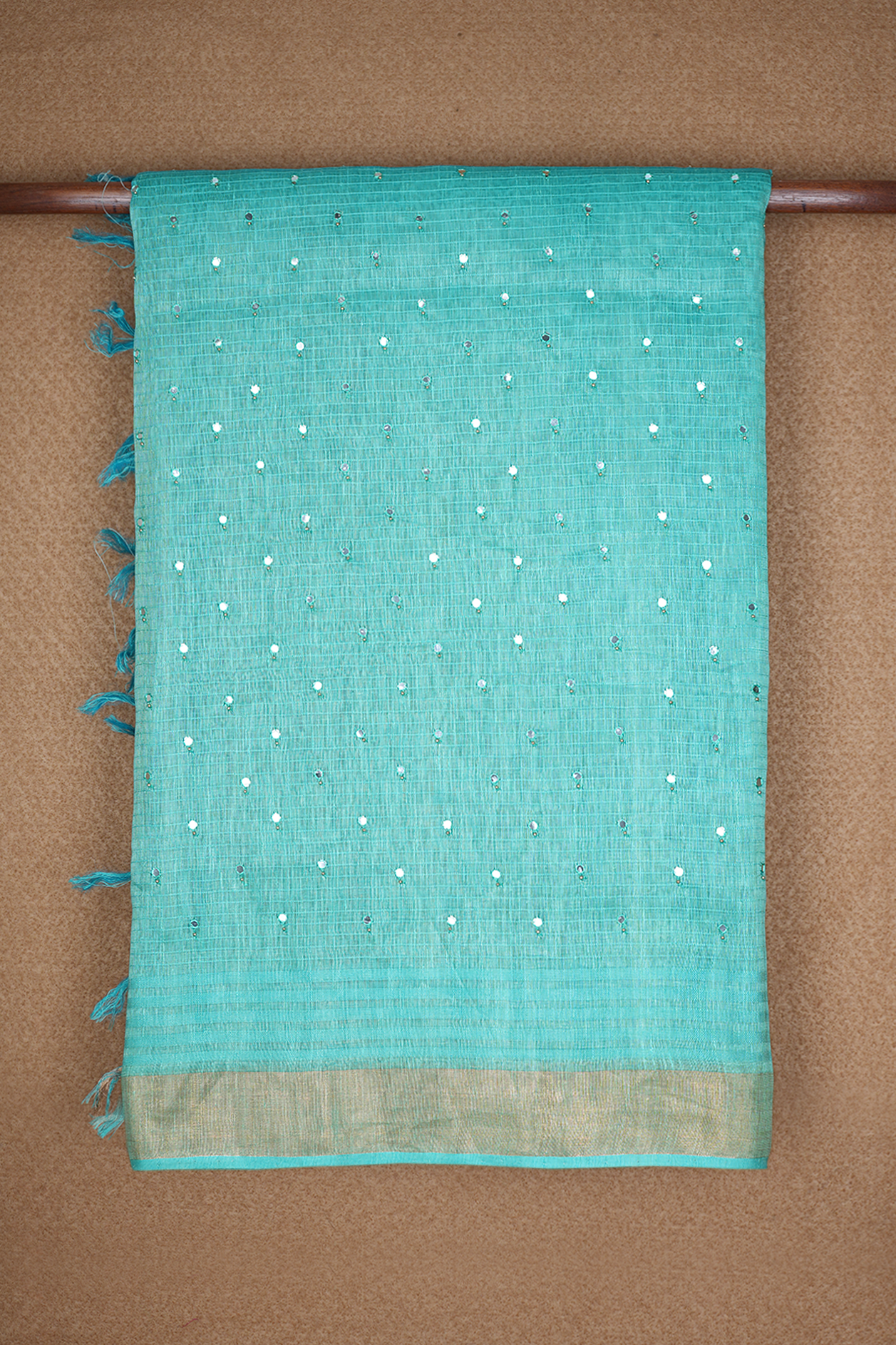  Mirror Work Design Sea Blue Linen Saree 