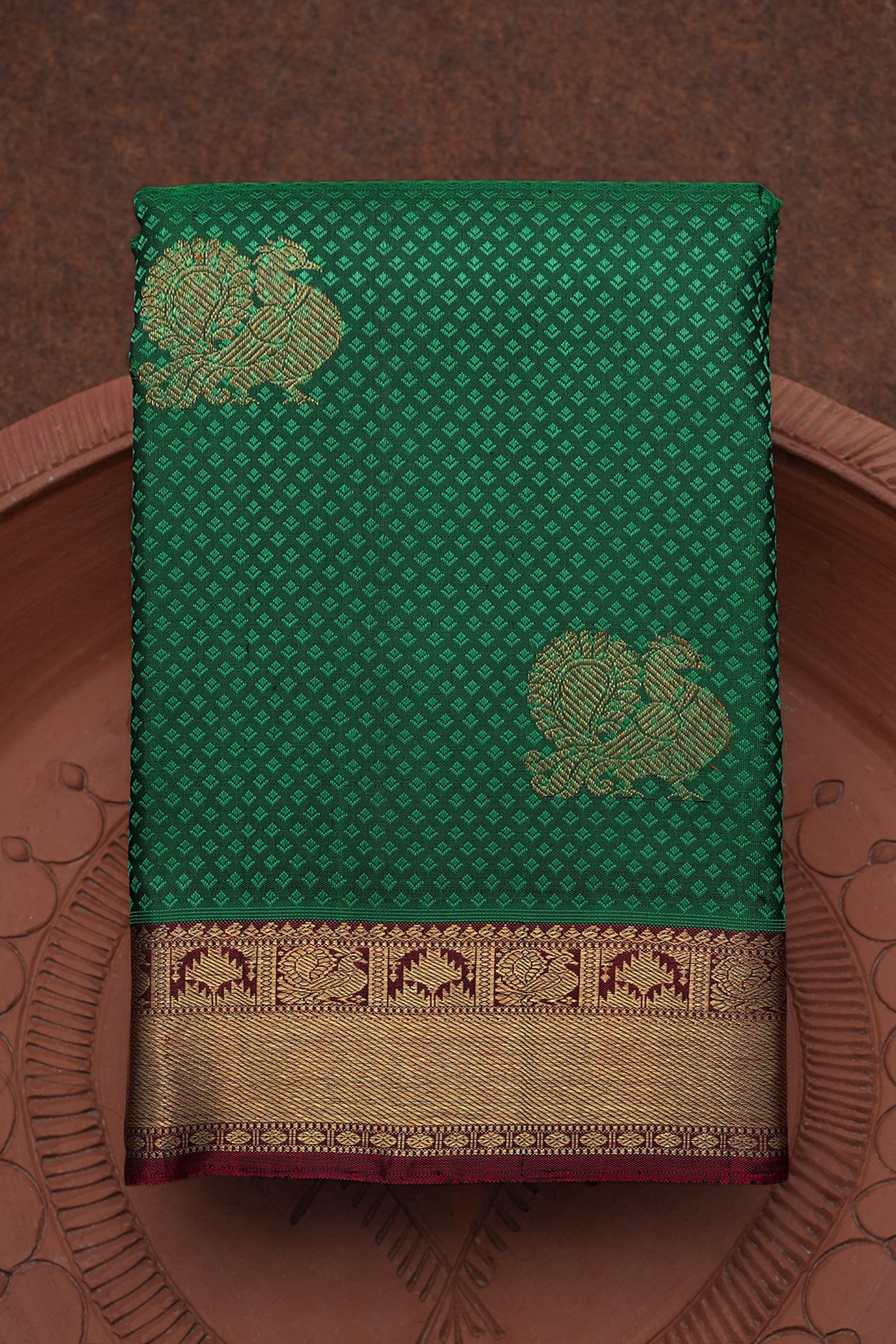  Peacock Zari Motifs Emerald Green Kanchipuram Silk Saree 