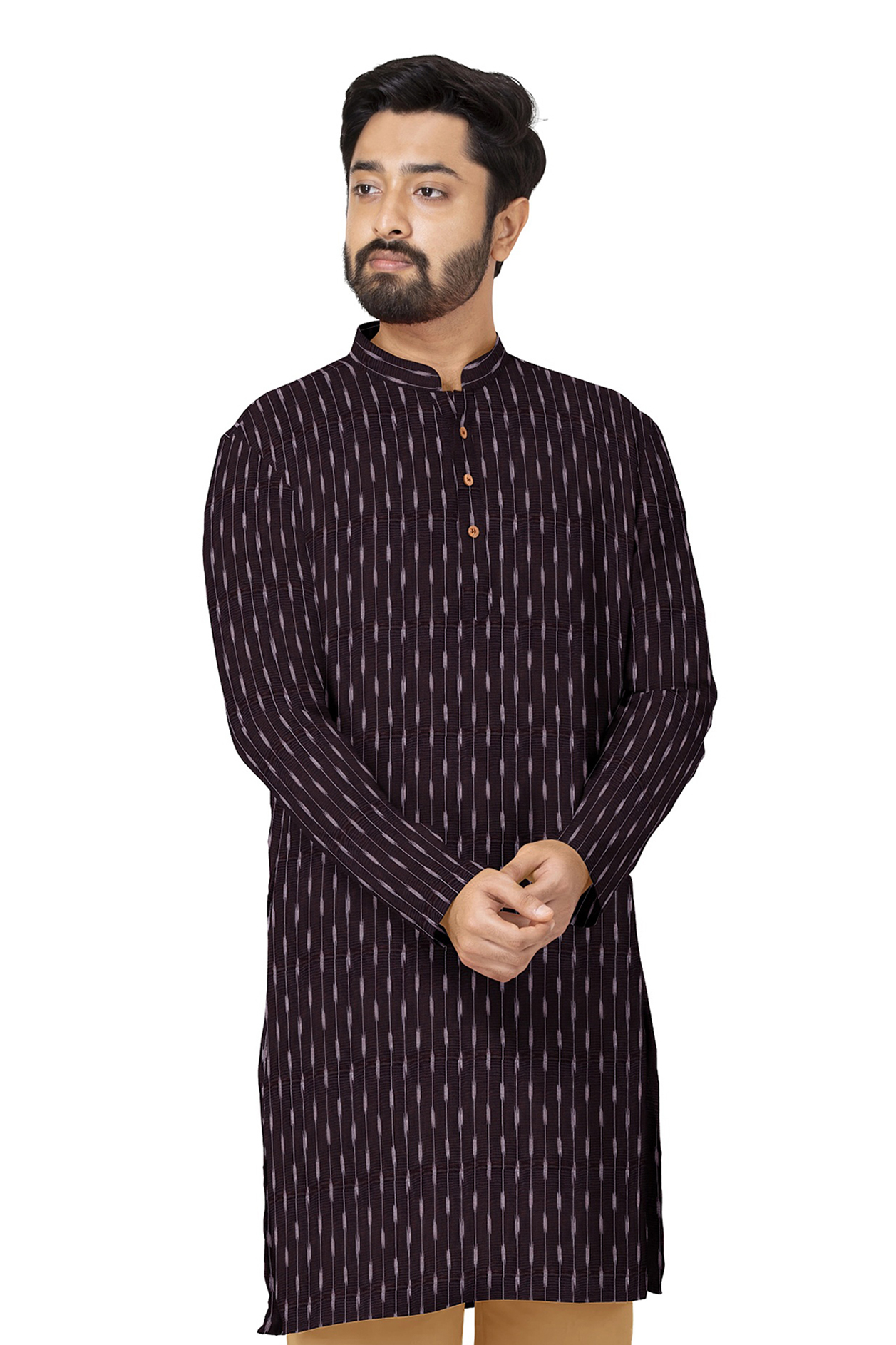  Chinese Collar Plum Brown Ikat Cotton Long Kurta 