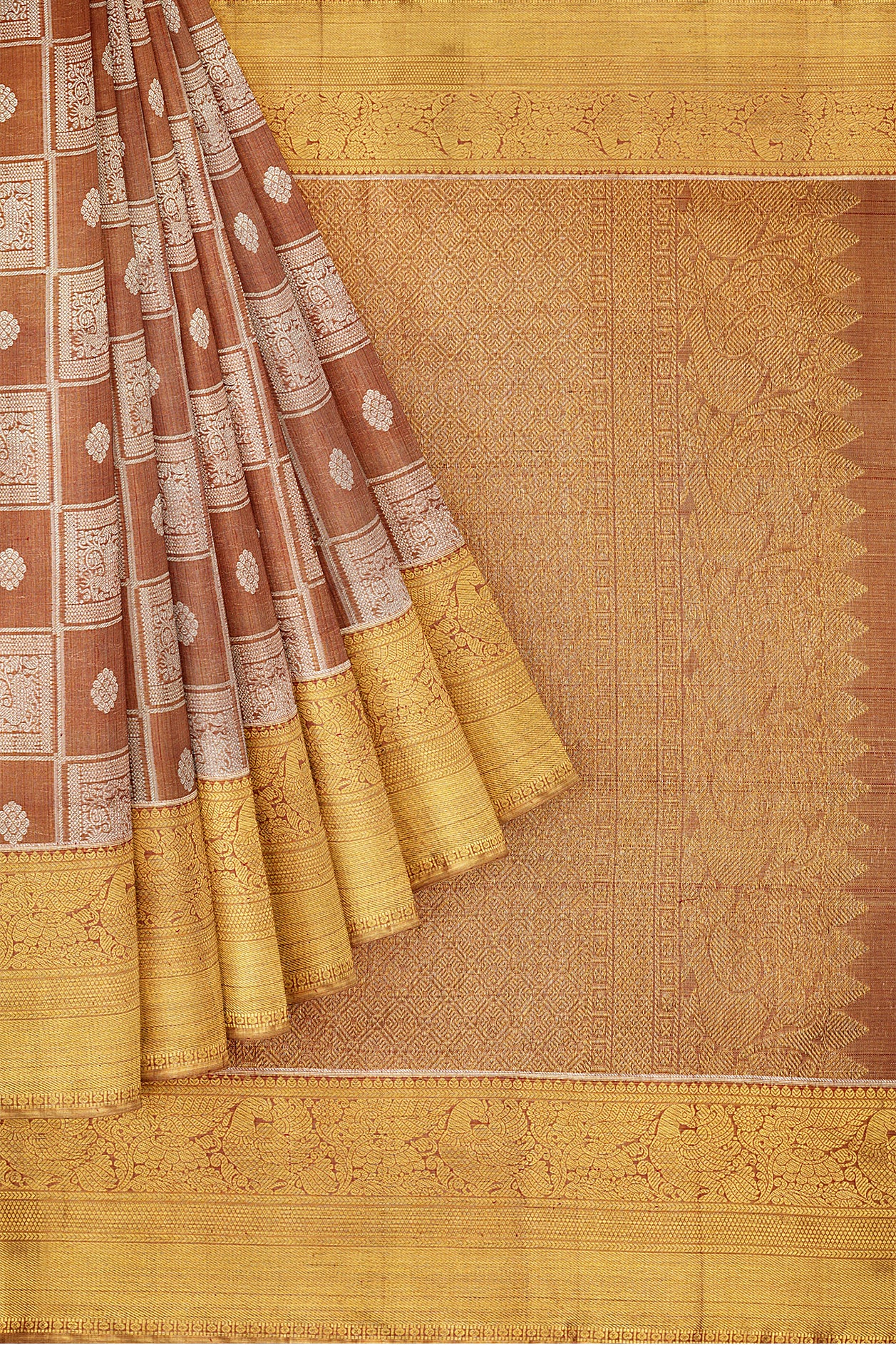  Deer And Floral Zari Checks Tissue Kanchipuram Silk Saree 