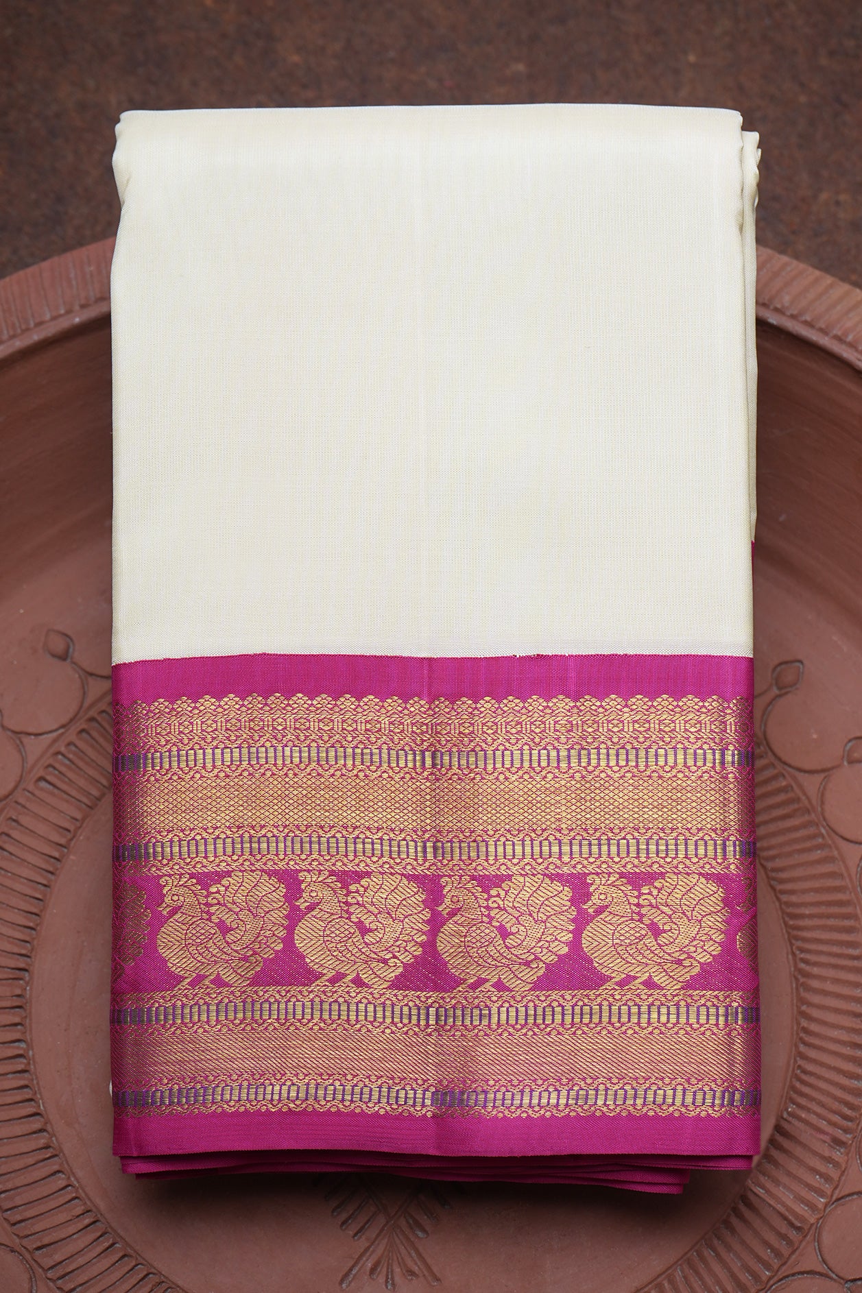  Contrast Korvai Zari Border Plain Off White Kanchipuram Silk Saree 