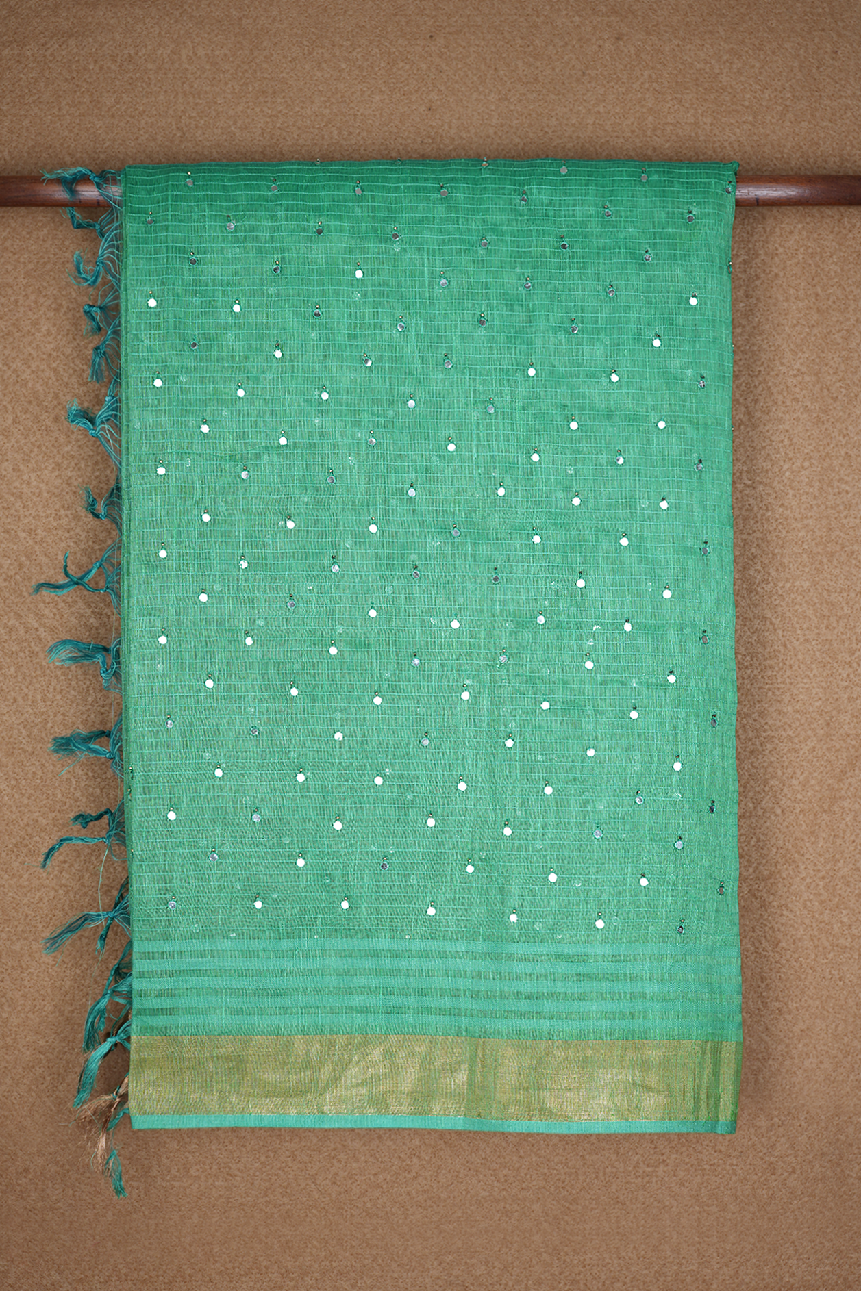  Mirror Work Design Jade Green Linen Saree 