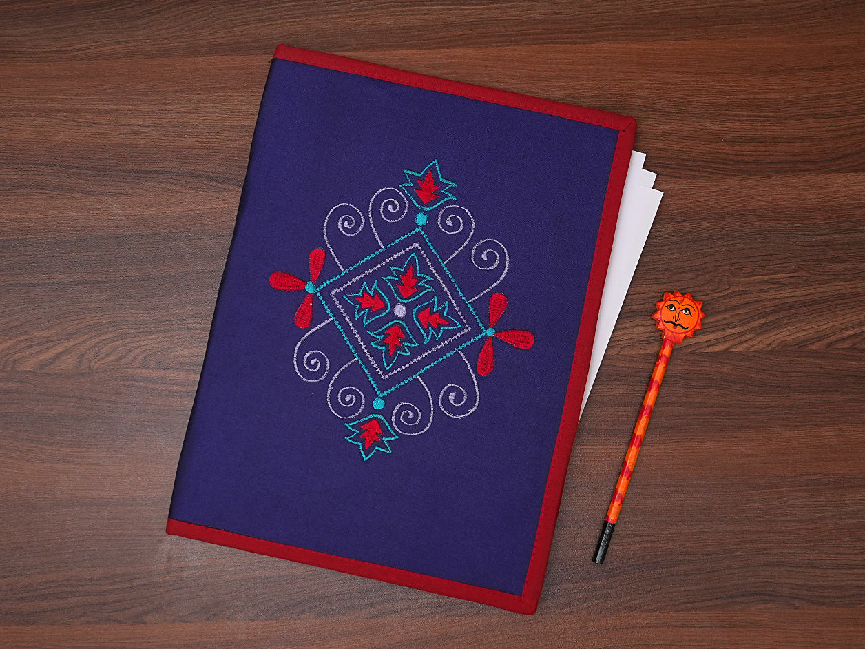  Handicraft Embroidered Floral Design Royal Blue File Folder 