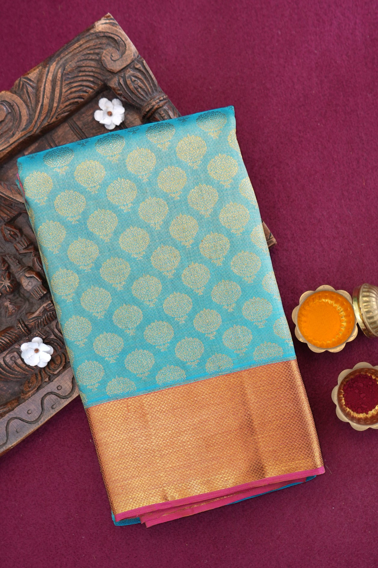  Diamond Zari Border In Brocade Light Teal Blue Kanchipuram Silk Saree 