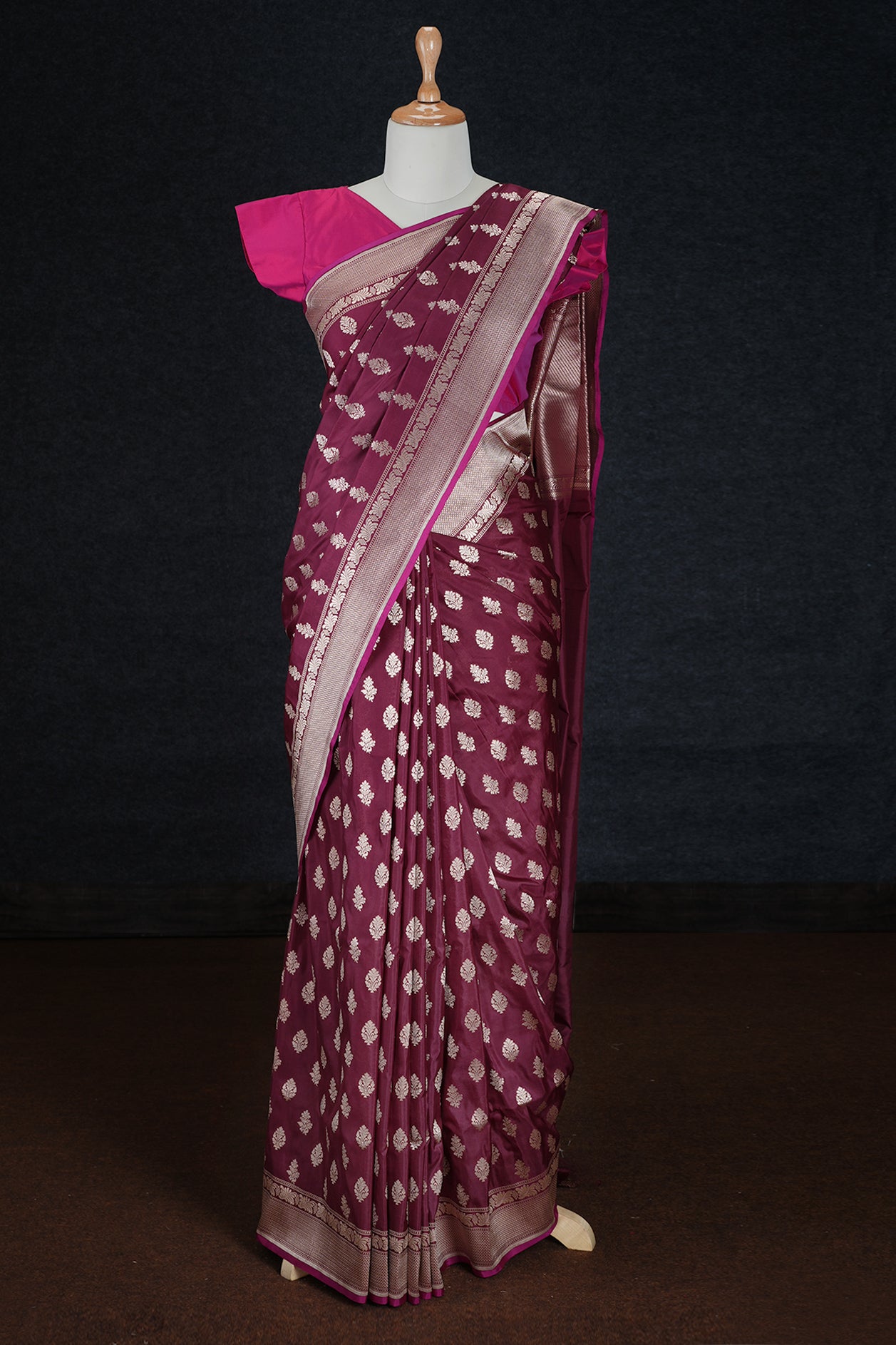  Allover Floral Motifs Maroon Banarasi Silk Saree 