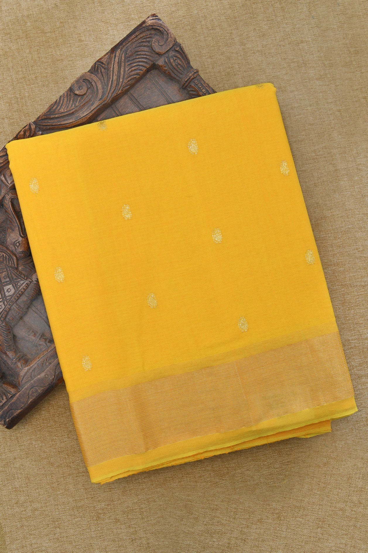  Stripes Zari Border With Paisley Buttis Melon Yellow Paithani Cotton Saree 