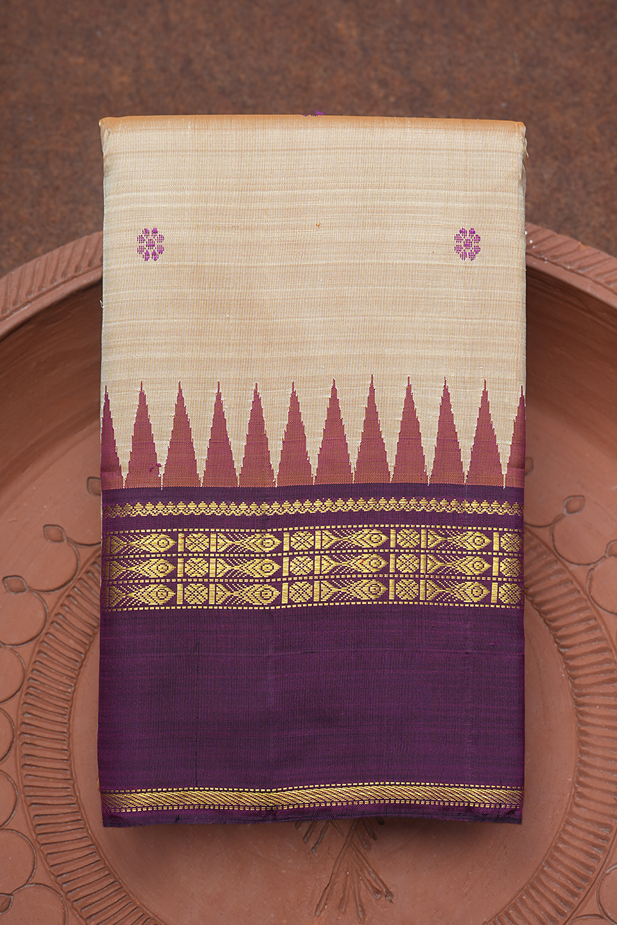  Floral Threadwork Motifs Tan Kanchipuram Silk Saree 