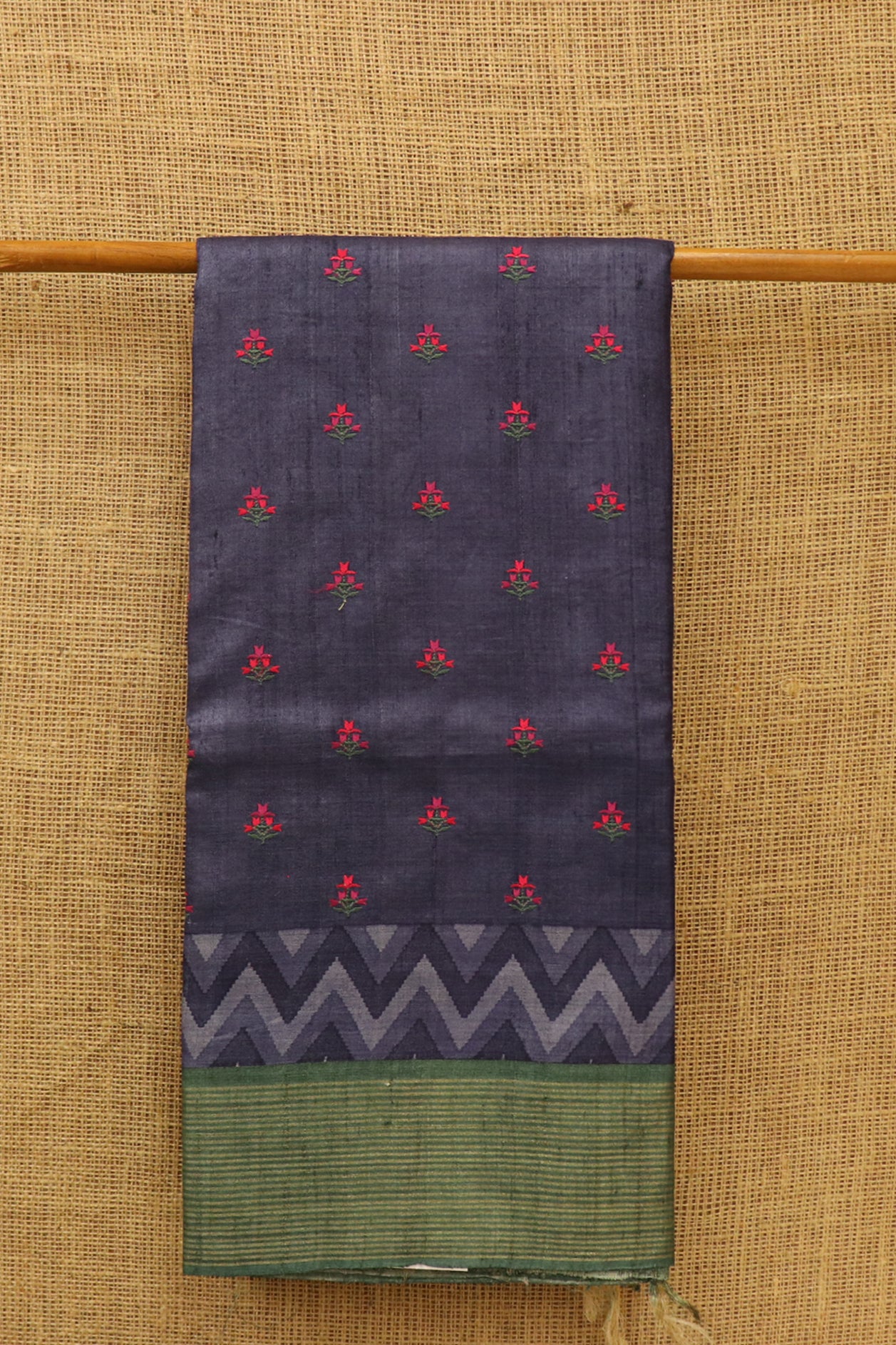  Contrast Border Embroidery Work Dark Grey Tussar Saree 