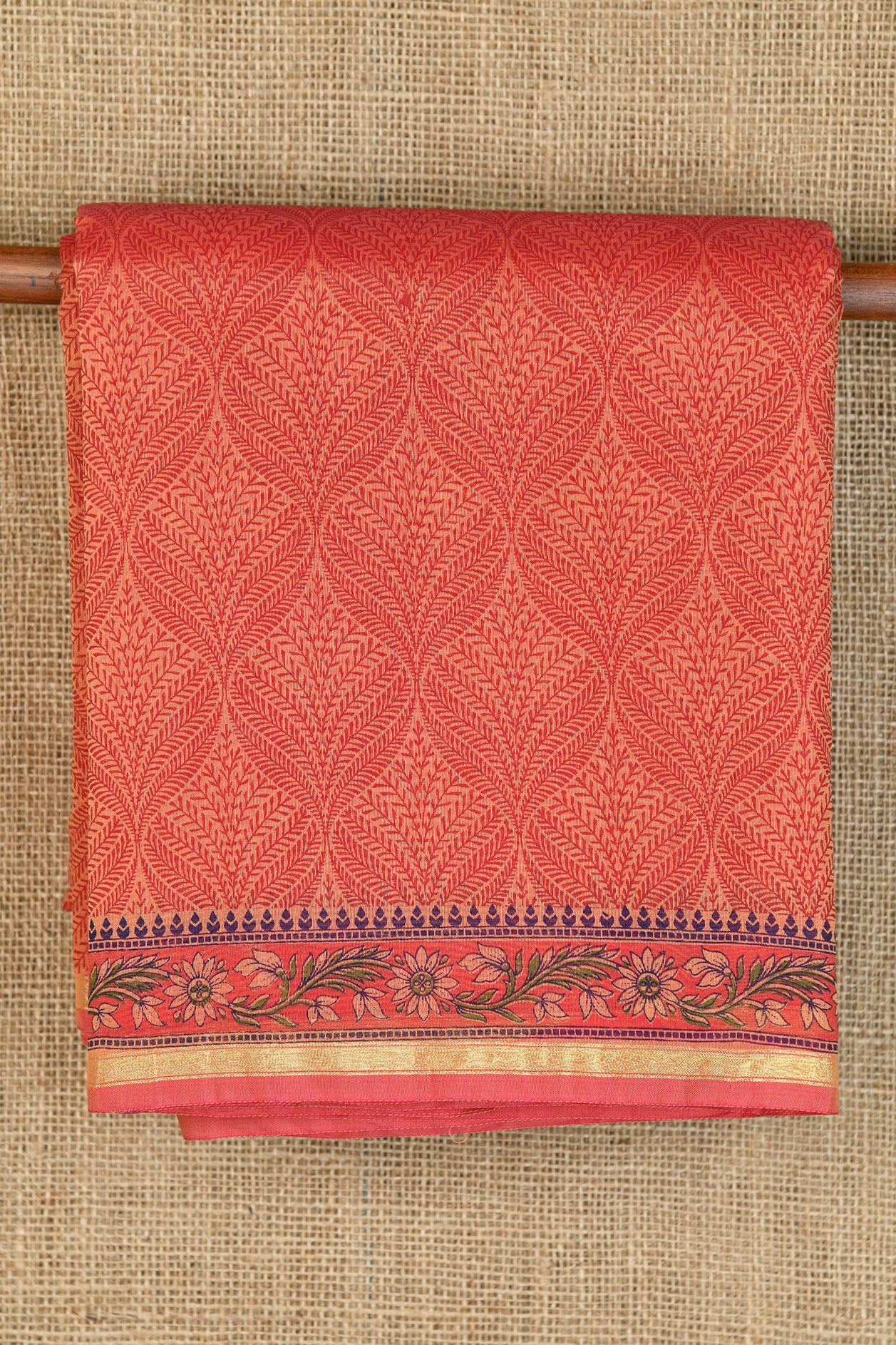  Allover Pattern With Small Floral Border Peach Orange Chanderi Cotton Saree 