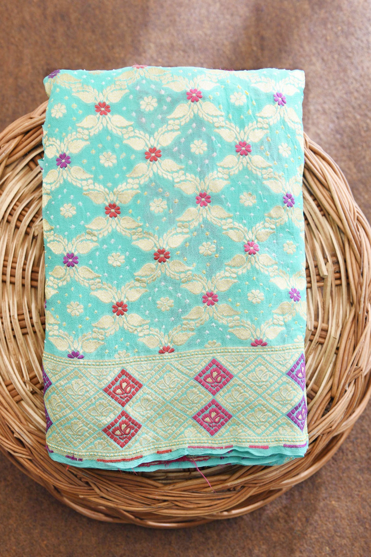  Geometric Pattern Mint Green Bandhani Work Georgette Silk Saree 