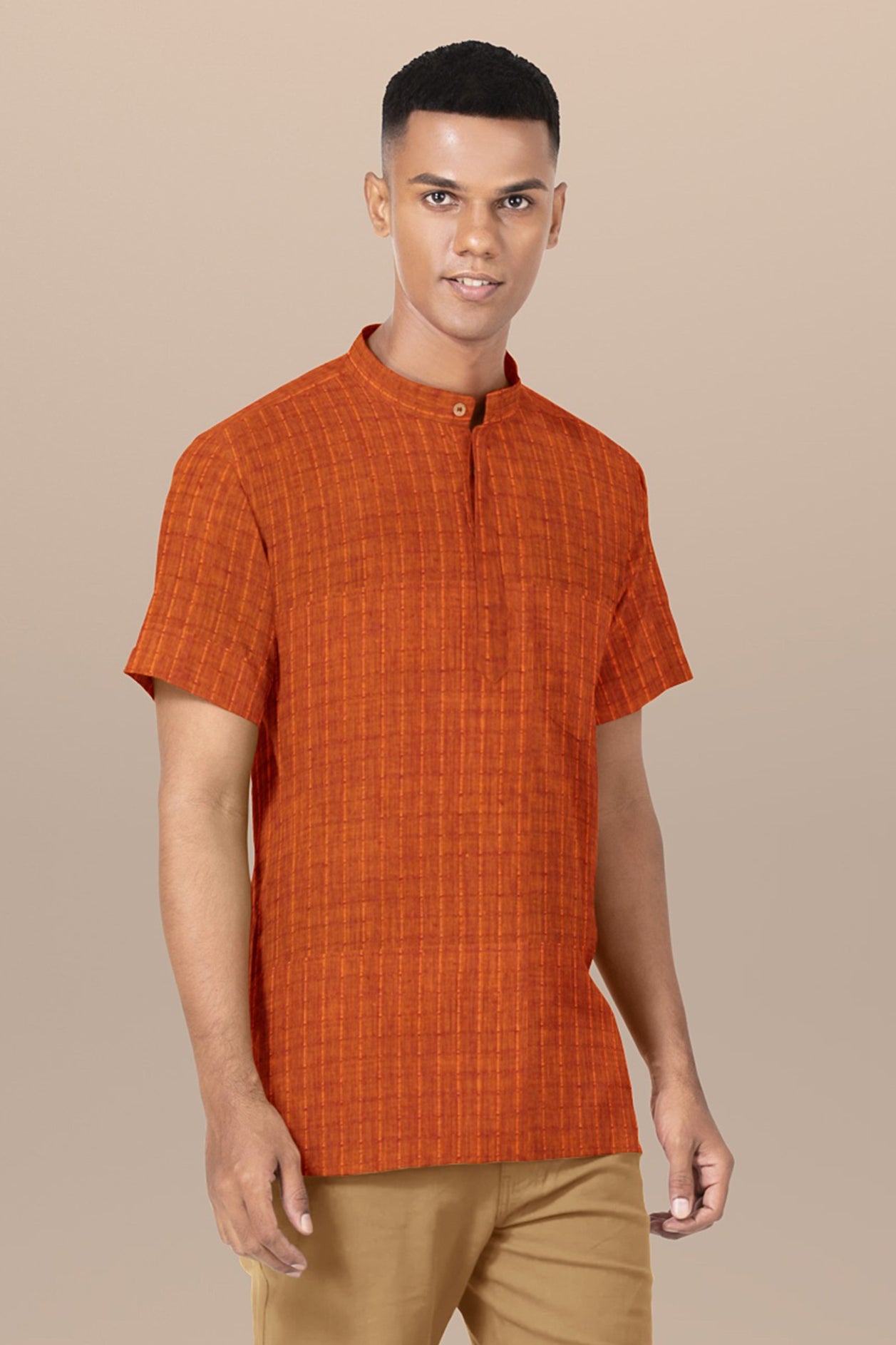  Chinese Collar Placket In Stripes Ochre Orange Cotton Short Kurta 