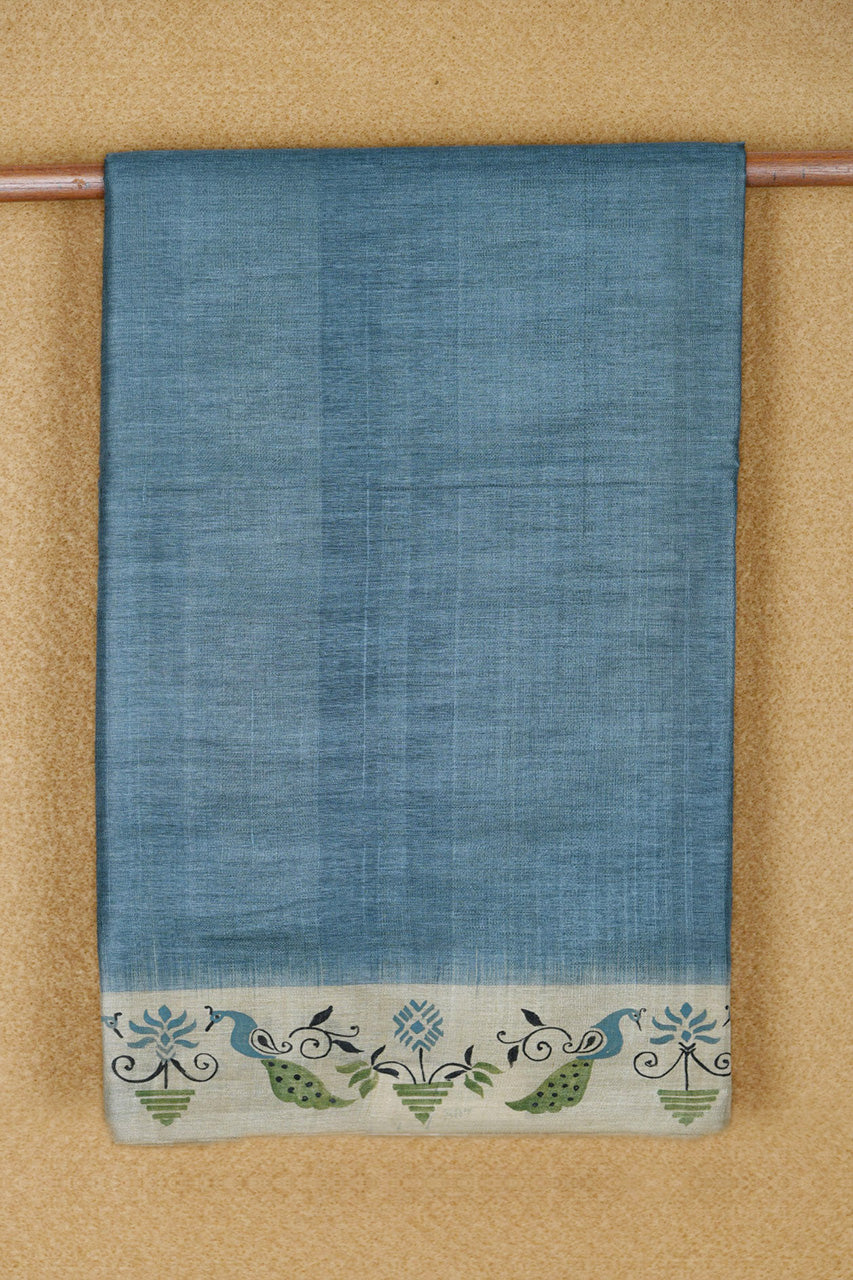  Plain Slate Blue With Hand Painted Border Tussar Saree 