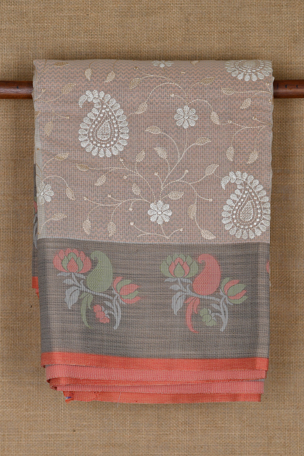  Thread Work Border With Embroidered Paisley Floral Design Ivory Semi Banaras Cotton Saree 