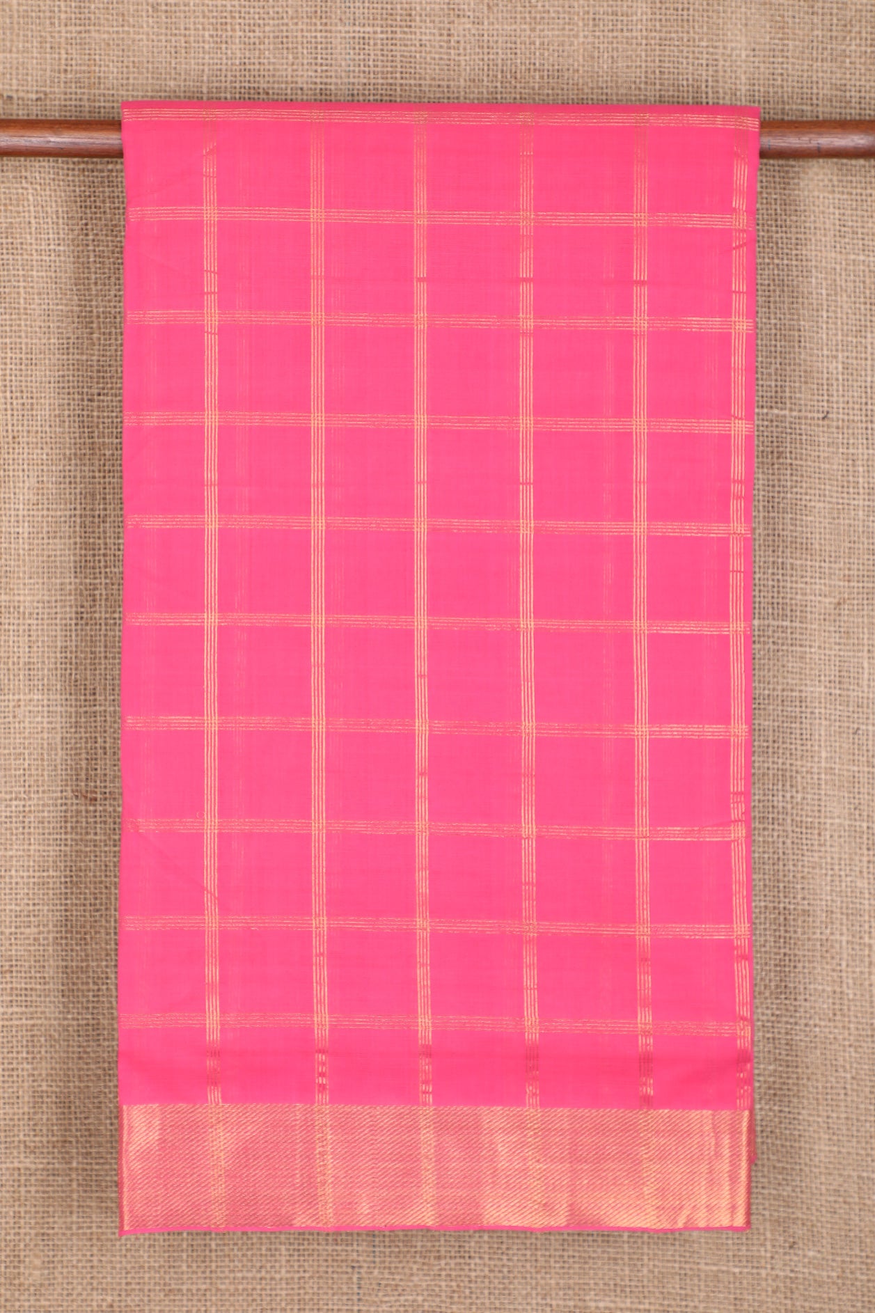  Small Zari Border With Checks Hot Pink Mangalagiri Linen Saree 