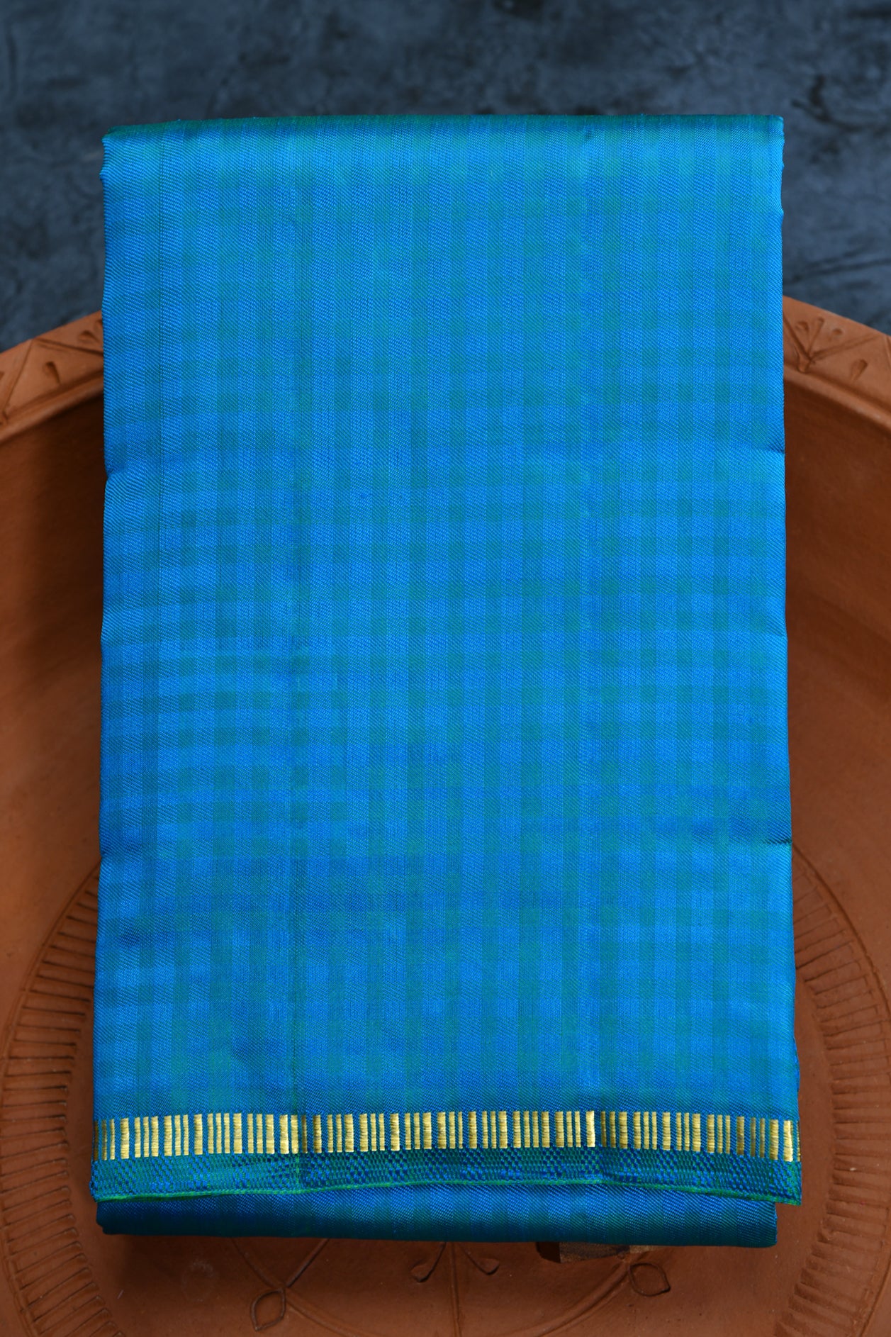  Checked Design Teal Blue Kanchipuram Silk Saree 