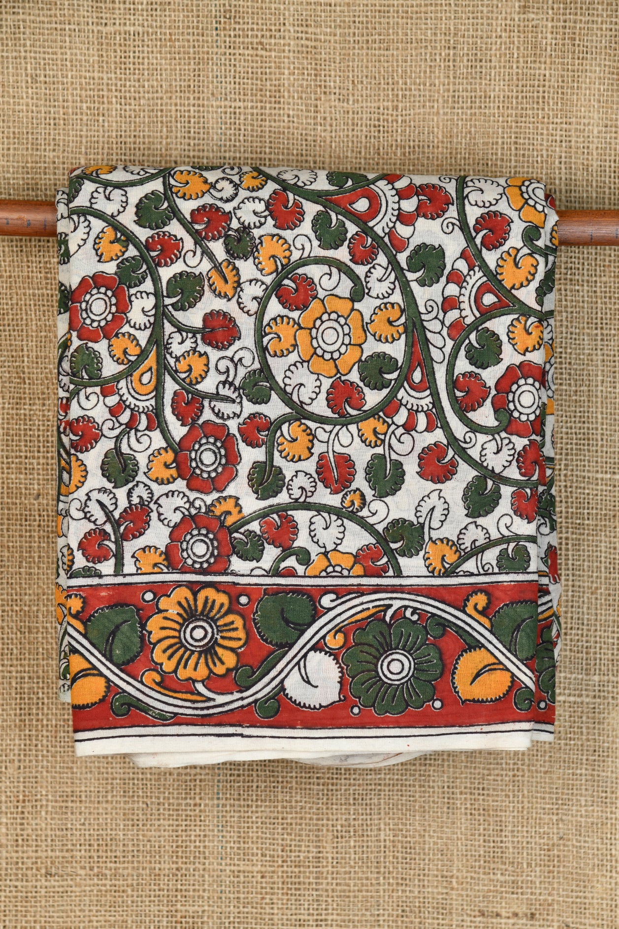  Floral Printed White And Green Kalamkari Cotton Saree 