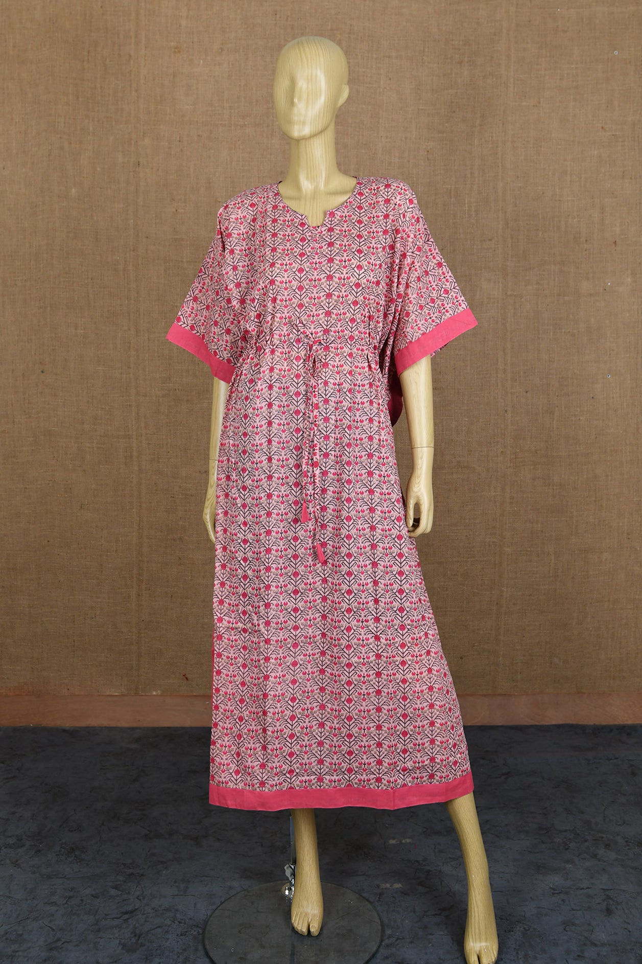  Patch Work U-Neck With Tie-Up Pink Jaipur Printed Cotton Kaftans 