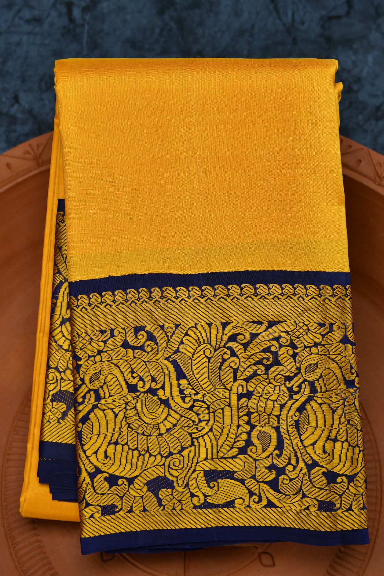  Thread Work Contrast Border Mango Yellow Kanchipuram Silk Saree 