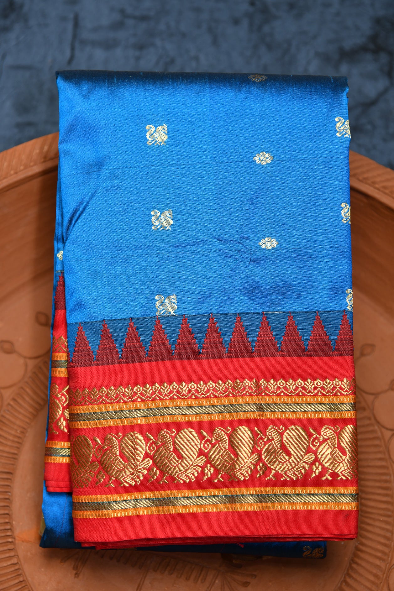  Contrast Border Zari Butta Blue Kanchipuram Silk Saree 