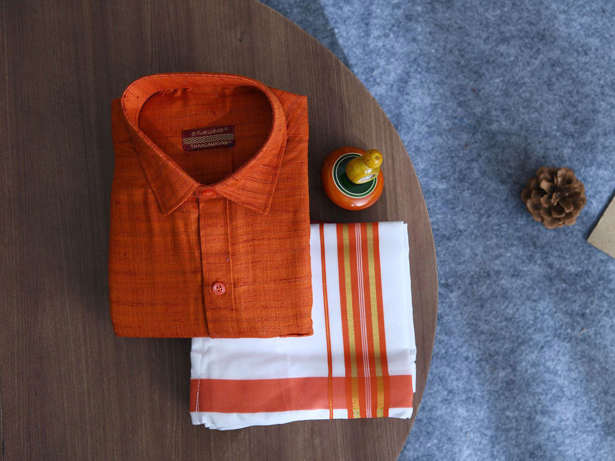  Regular Collar Ochre Orange Semi Raw Silk Shirt With Velcro Dhoti Set 