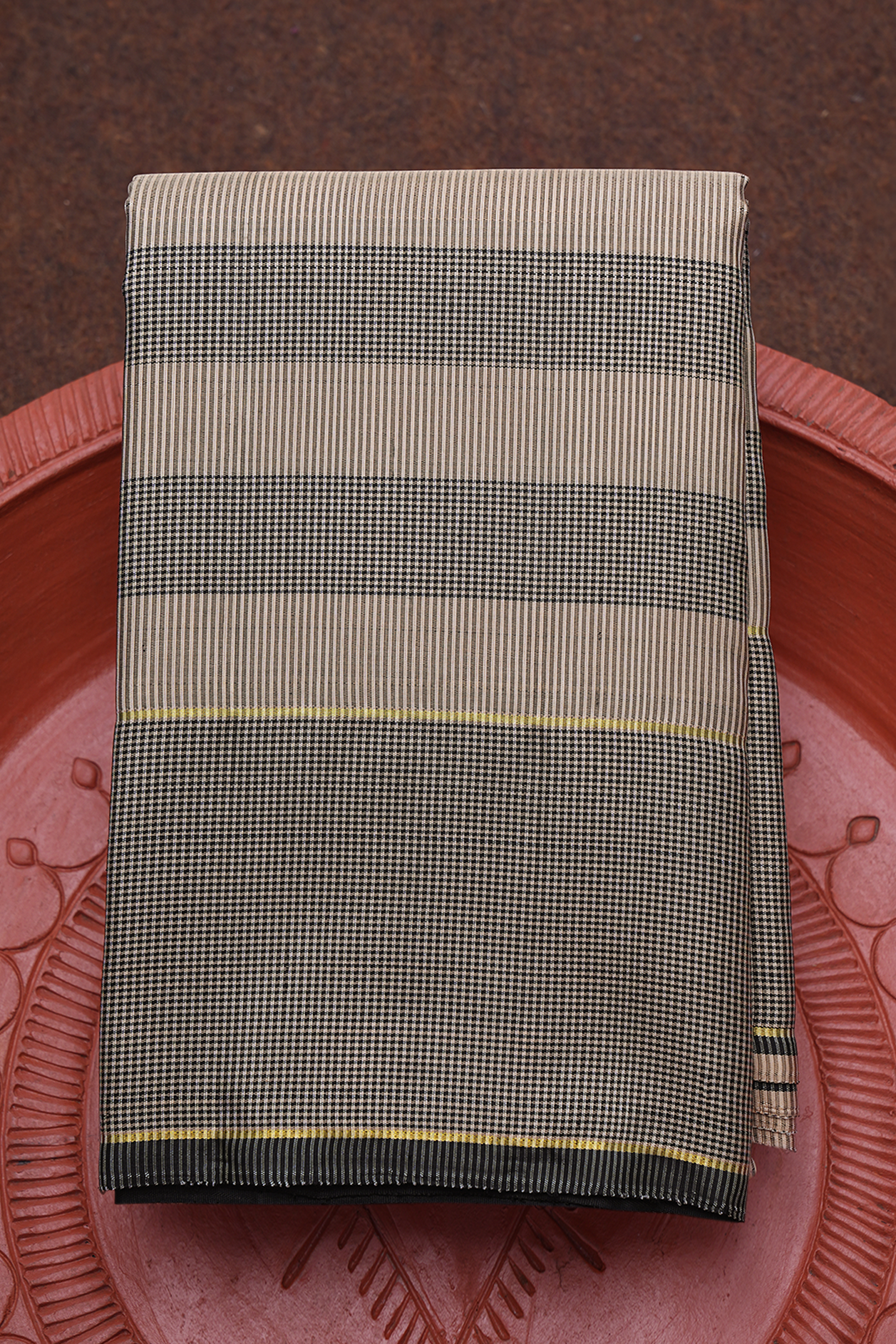  Stripes Design Khaki And Black Kanchipuram Silk Saree 