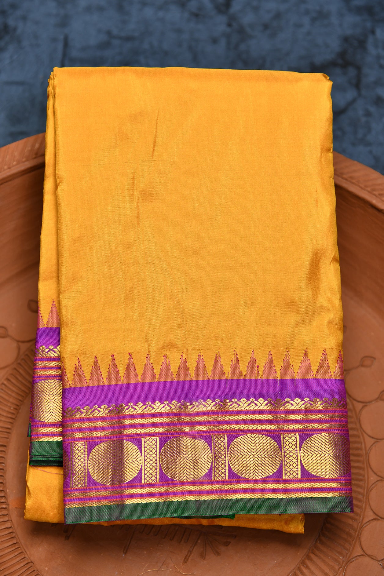  Rudraksha Butta Temple Border Mustard Yellow Kanchipuram Silk Saree 