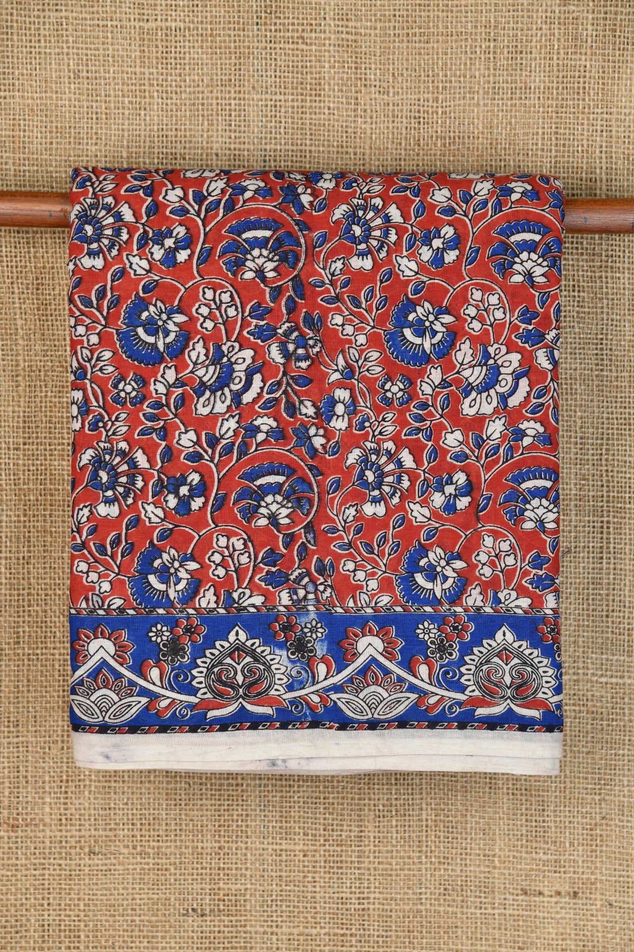  Floral Printed Ochre Red And Navy Blue Kalamkari Cotton Saree 