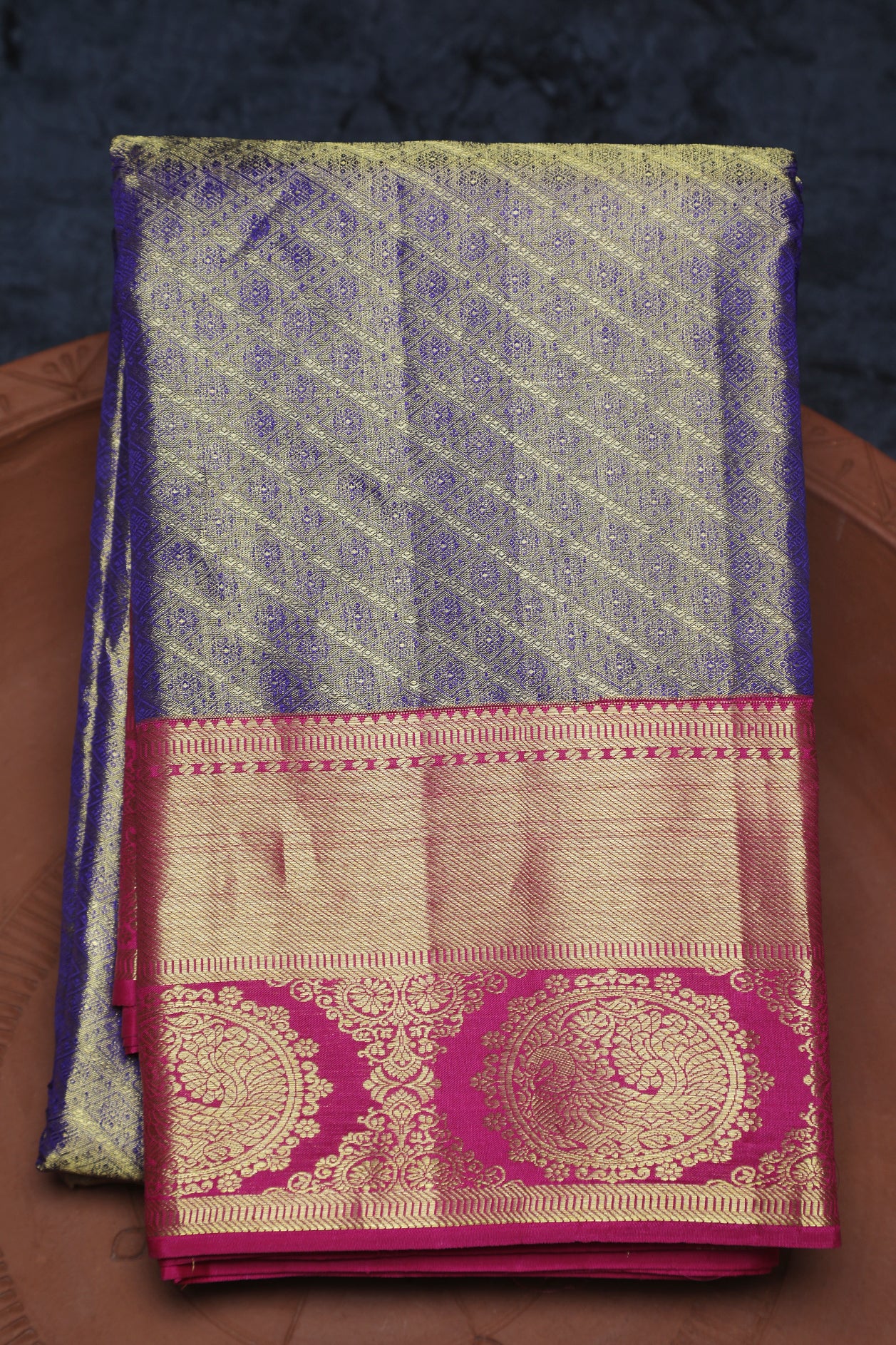  Gold Zari Tissue Royal Blue Kanchipuram Silk Saree 