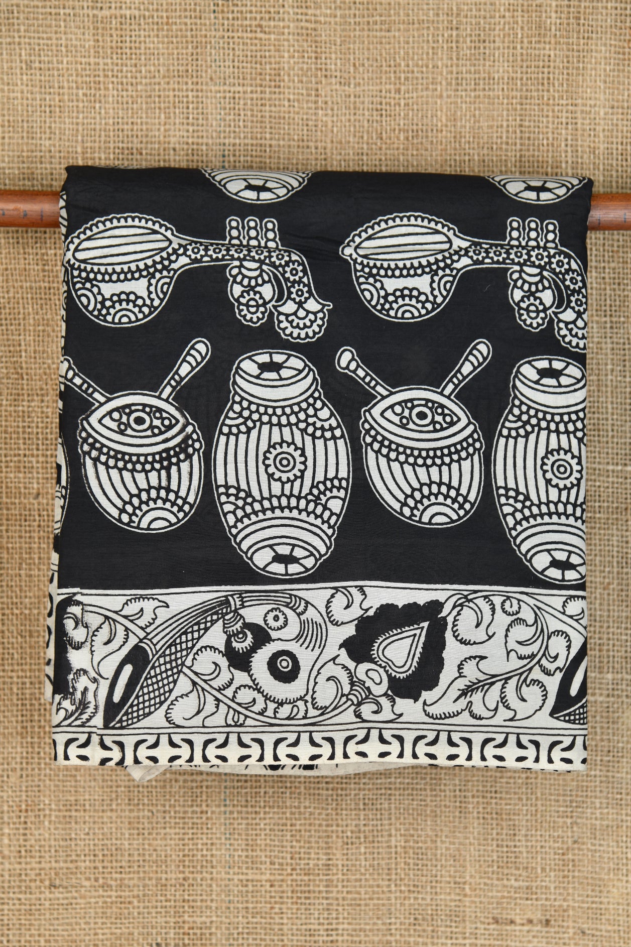  Musical Instruments Printed Black And White Kalamkari Cotton Saree 