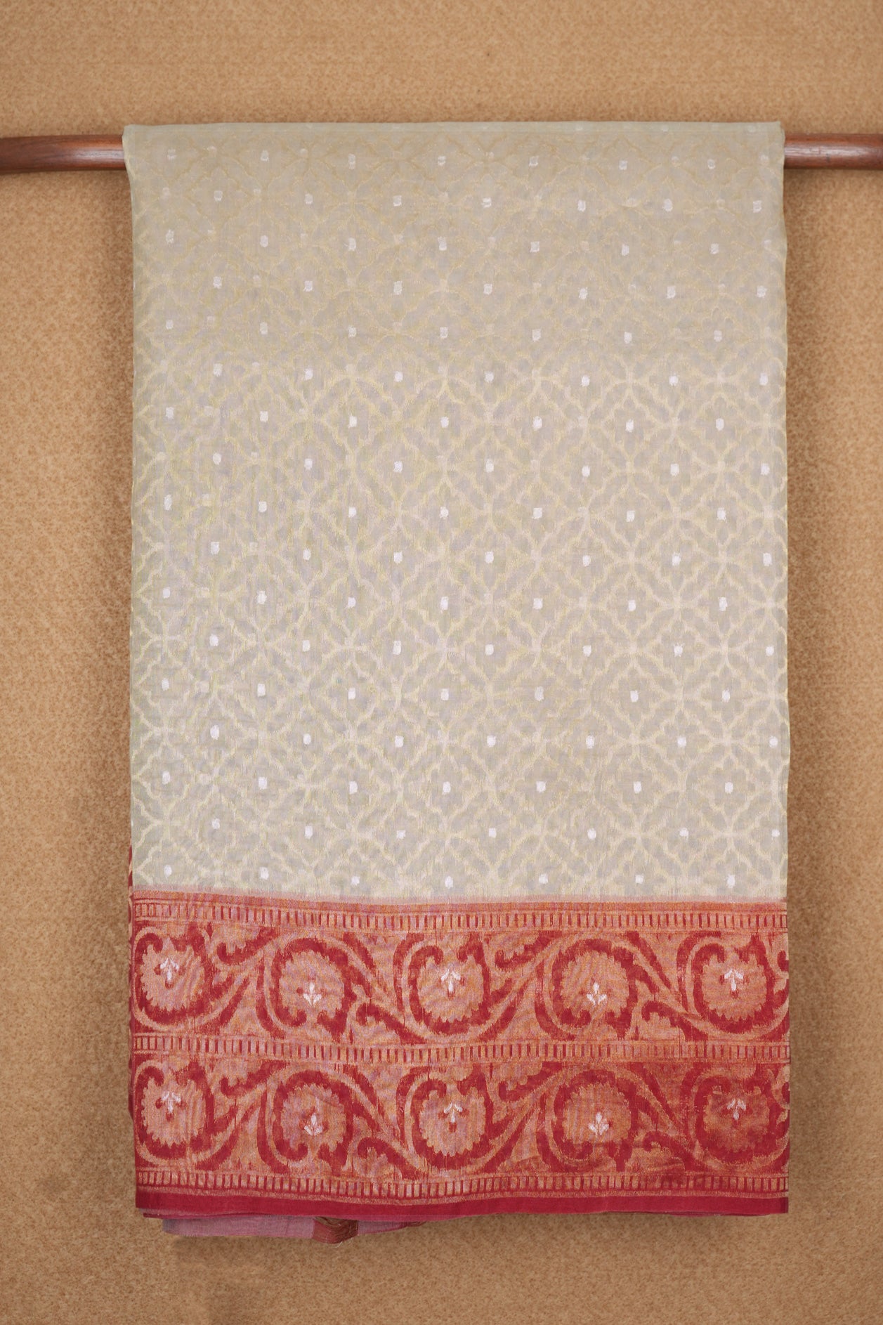  Contrast Zari Border With Geometric Pattern Off White Banaras Kora Silk Saree 